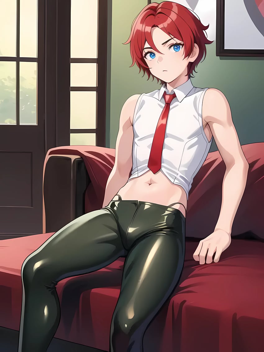 1boy ai_generated androgynous bedroom bulge cosplay crossplay femboy genderswap_(ftm) king_of_fighters leather_pants navel necktie red red_hair sitting sleveeless_shirt snk trap vanessa_(kof) yaoi younger_male
