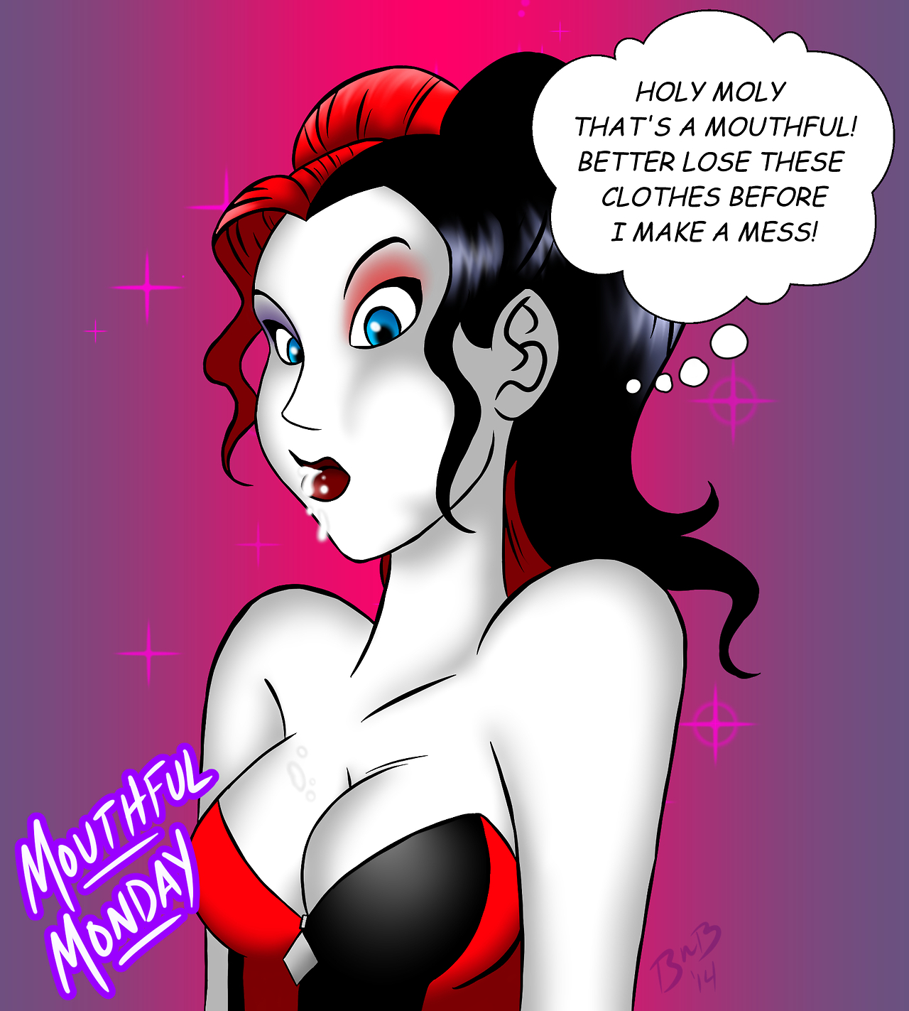 1girls, 2014, batman (series), black hair, blue eyes, bold-n-brash, breasts, cleavage, cum, cum in mouth, cum on breasts, dc, dc comics, eyeshadow, female, female only, fully clothed, harley quinn, human, lipstick, pale skin, red hair, solo, text, thought bubble, two-tone hair, white skin