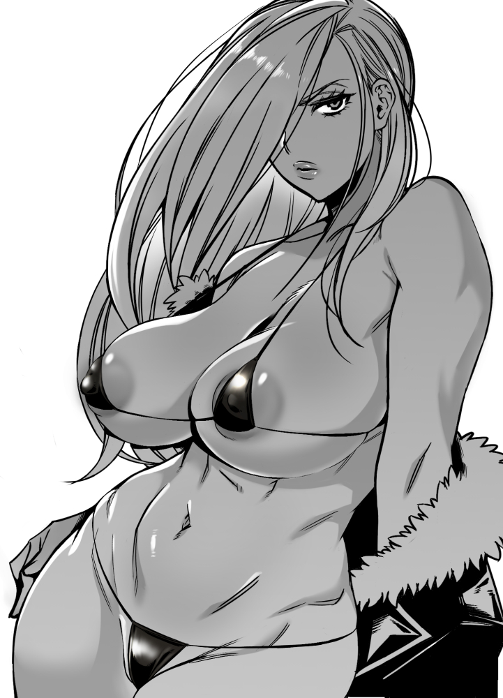 1girls, areolae, artist request, bikini, female, female only, fullmetal alchemist, hair over one eye, jacket, light skin, light-skinned female, long hair, micro bikini, monochrome, nipples, olivier mira armstrong
