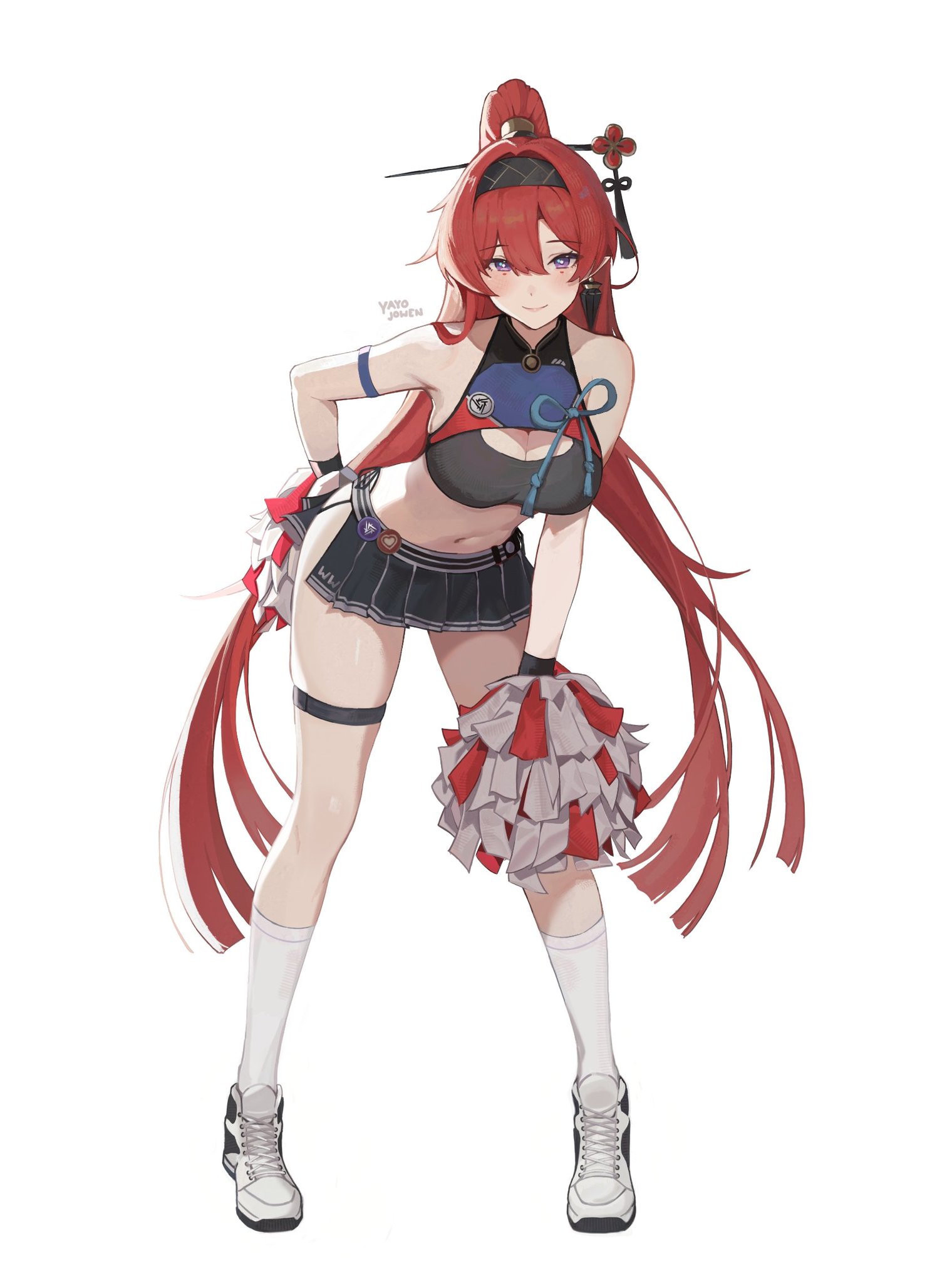 1girls, big breasts, breasts, cheerleader, commentary request, english commentary, female, female only, full body, light skin, light-skinned female, microskirt, mixed-language commentary, pom pom (cheerleading), pom poms, simple background, skirt, solo, solo female, very long hair, very long-haired female, wholesome, wuthering waves, yinlin (wuthering waves)