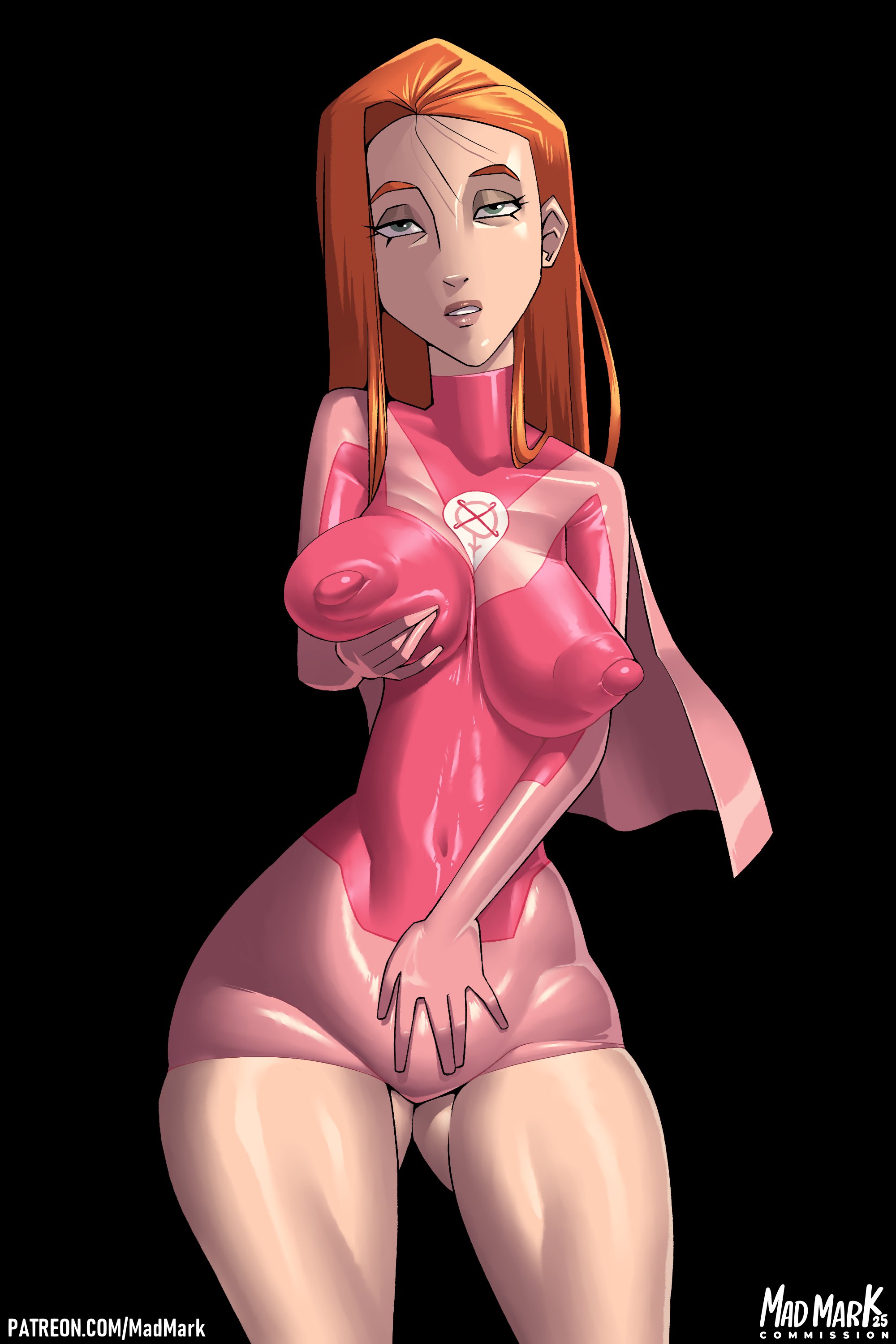 1girl, 1girls, atom eve, big breasts, breast grab, breasts, female, female only, grabbing own breast, image comics, invincible, madmark, nipple bulge, nipple outline, nipples, red hair, solo, solo female, wide hips