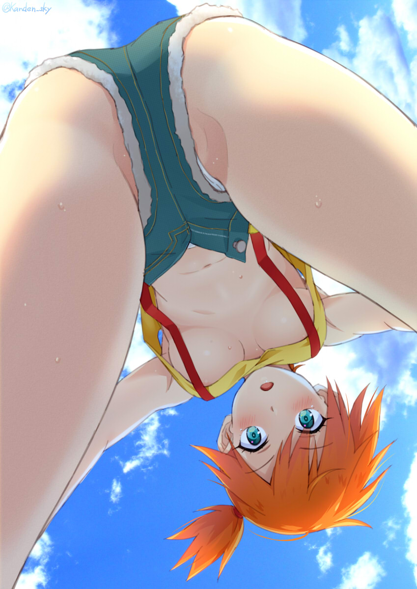 1girls ass ass_focus female female_only human jeans_shorts kasumi_(pokemon) nude pokemon shorts sky solo