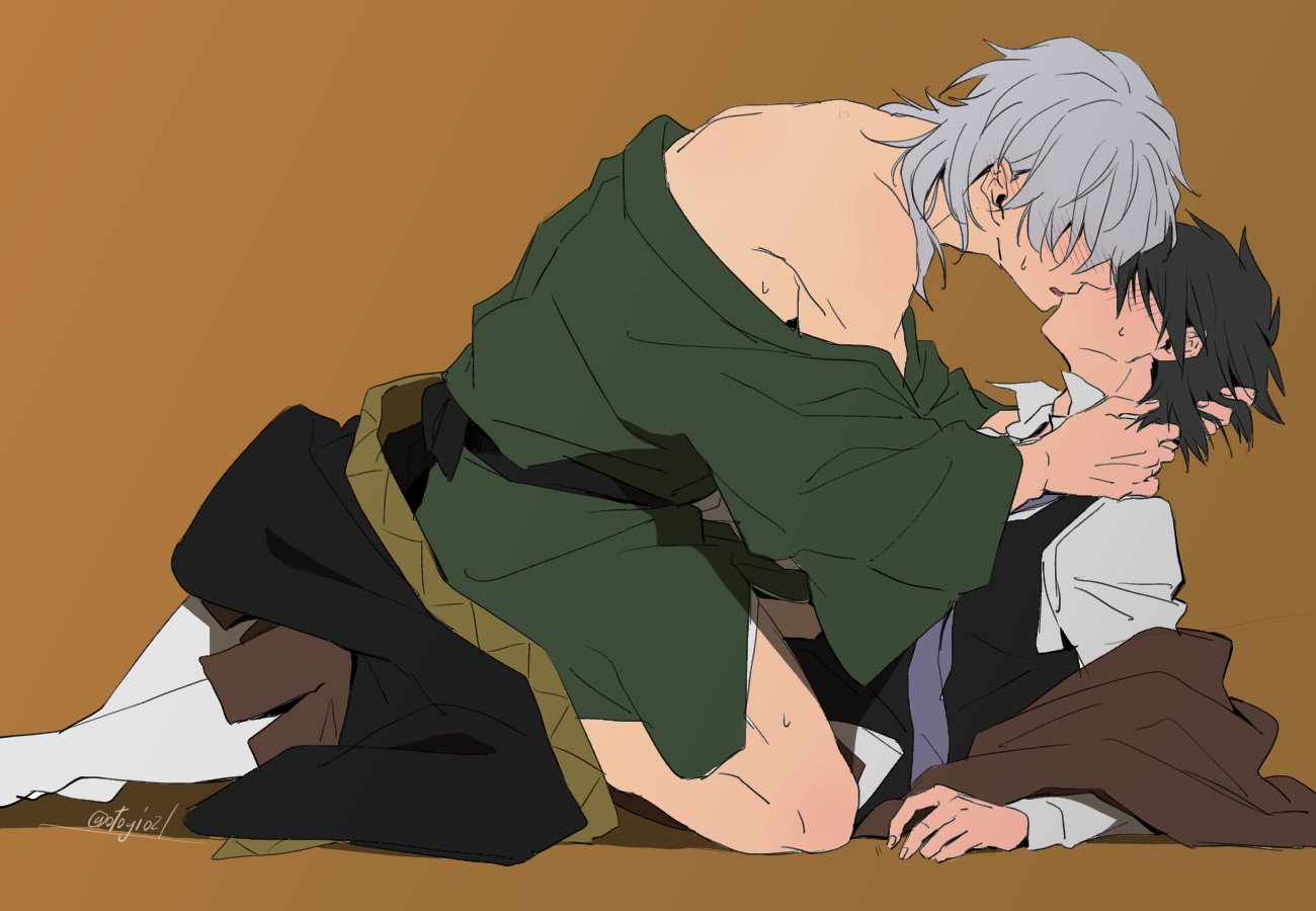 2boys artist_name artist_signature black_hair black_vest blush brown_background bungo_stray_dogs bungou_stray_dogs clothes_removed collared_shirt fukuzawa_yukichi green_kimono grey_hair hair_over_eyes hand_on_another&#039;s_neck haori imminent_sex japanese_clothes kimono kissing long_sleeves male male/male male_focus male_only multiple_boys necktie off_shoulder otogi021 purple_necktie ranpo_edogawa shirt short_hair signature simple_background suggestive sweat twitter_username vest white_shirt yaoi yukata