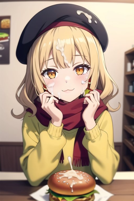 1girls :3 ai_generated beret blonde_hair burger crop_top cum cum_on_face female flan_(flanofart) flanofart looking_at_viewer oc orange_eyes original_character scarf solo solo_female