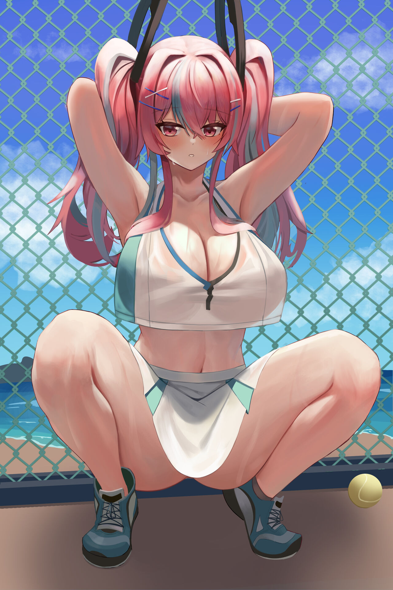 1girls, azur lane, blue eyes, blue hair, breasts, bremerton (azur lane), bremerton (scorching-hot training) (azur lane), cleavage, female, female only, heart hands, hi res, hips, huge breasts, light skin, light-skinned female, long hair, onedoo, solo, tennis ball