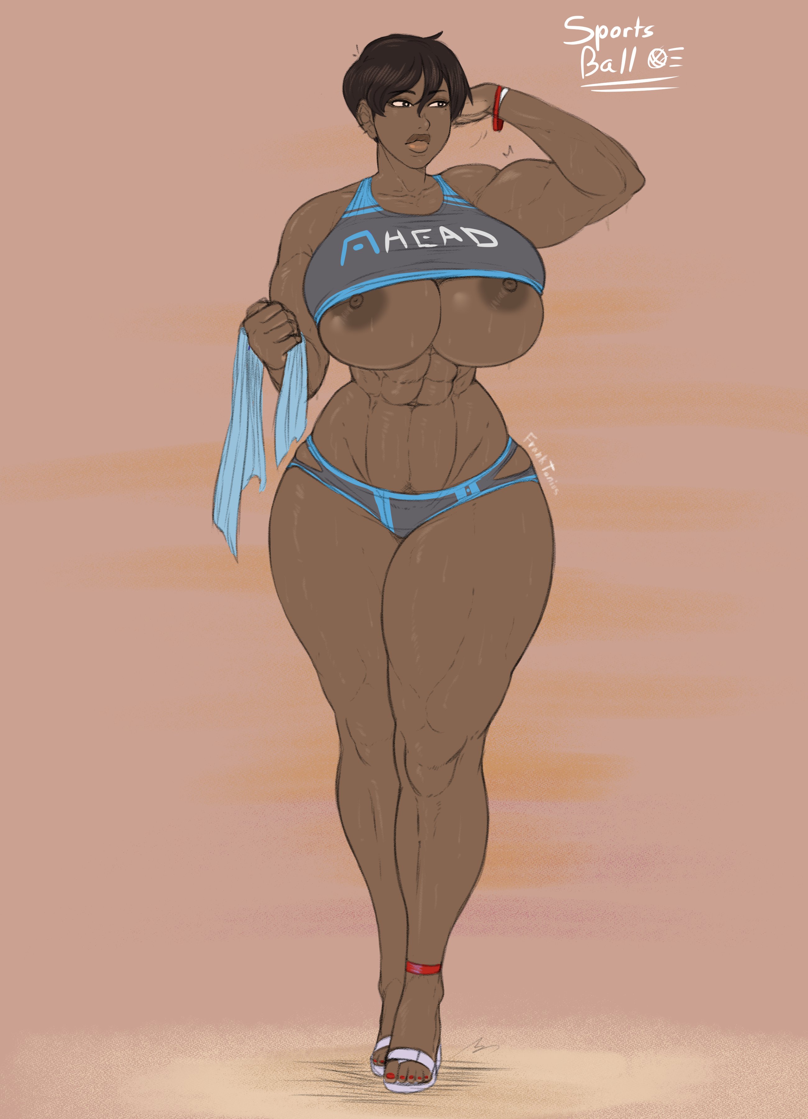 1girls, abs, areolae, breasts, dark skin, dark-skinned female, female, female only, franktonius, huge breasts, muscles, muscular, muscular female, nipples, solo, thick thighs, wide hips