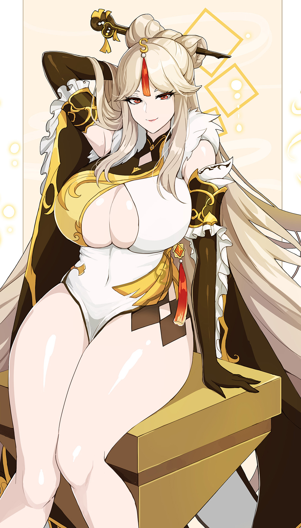 1girls, big breasts, breasts, bursting breasts, drogod (artist), female, genshin impact, hair ornament, legs, long gloves, long hair, ningguang (genshin impact), solo, thick thighs, white hair