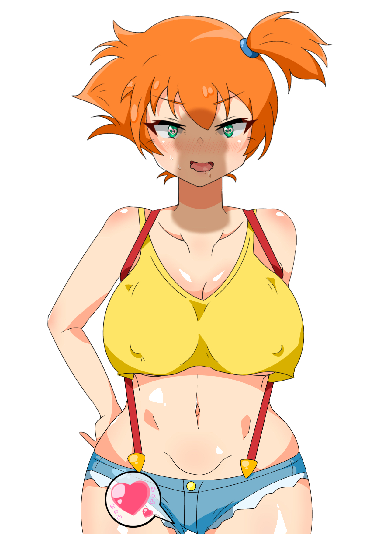 1girls, big breasts, blush, breasts, female, green eyes, heart, huge breasts, kasumi (pokemon), kofuyu, large breasts, misty (pokemon), nintendo, nipples, pokemon, pokemon rgby, solo, suspenders