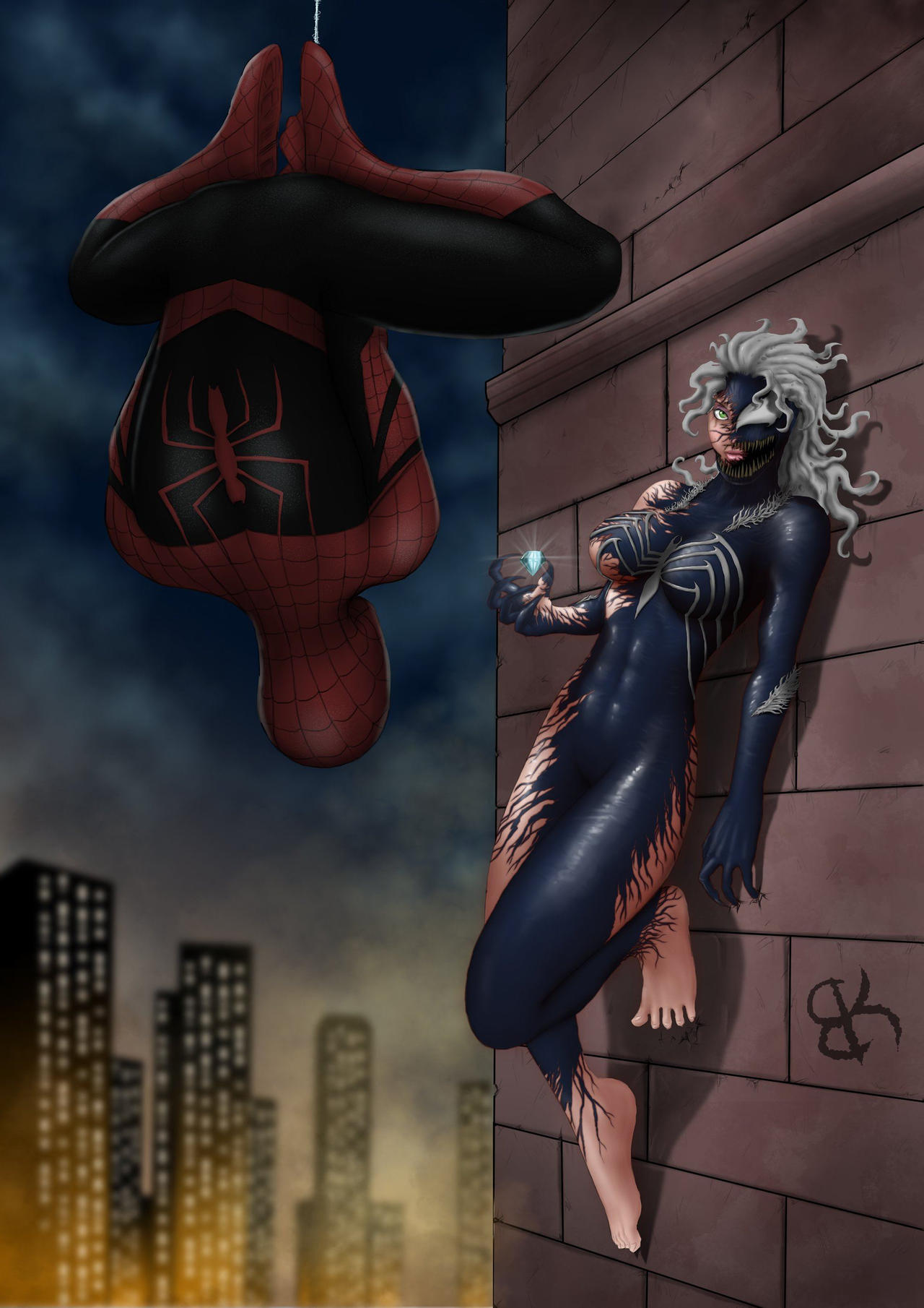 1boy 1boy1girl 1girls alternate_costume alternate_version_available barefoot bat-kat0 black_cat_(marvel) breasts busty cleavage costume deviantart exposed_breasts felicia_hardy female light-skinned_female light_skin male marvel marvel_comics peter_parker she-venom spider-man spider-man_(series) straight straight_hair superheroine supervillain symbiote venom_(marvel) voluptuous watermark white_hair