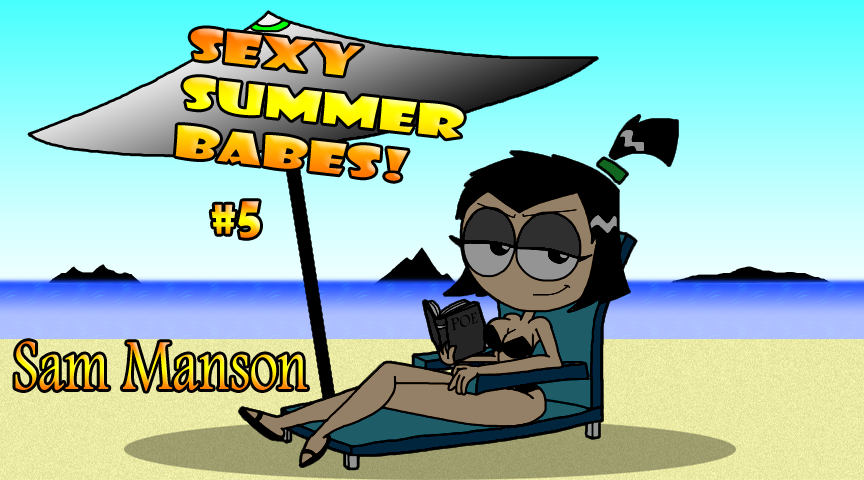 1girls beach beach_chair beach_umbrella black_hair book chair danny_phantom eyeshadow female female_only flip_flops grey_eyeshadow looking_at_viewer lounge_chair lounging montatora-501 nickelodeon omegusmaximus one-piece_swimsuit sam_manson sandals shade smile solo solo_female swimwear umbrella