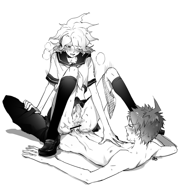 2boys, ahoge, artist request, closed eyes, clothing, cowgirl position, crossdressing, danganronpa, danganronpa 2: goodbye despair, female, hinata hajime, male, male only, monochrome, nagito komaeda, one eye closed, penetration, school uniform, sitting, spread legs, stockings, straddling, straight hair, tagme, thrusting, twintails, yaoi