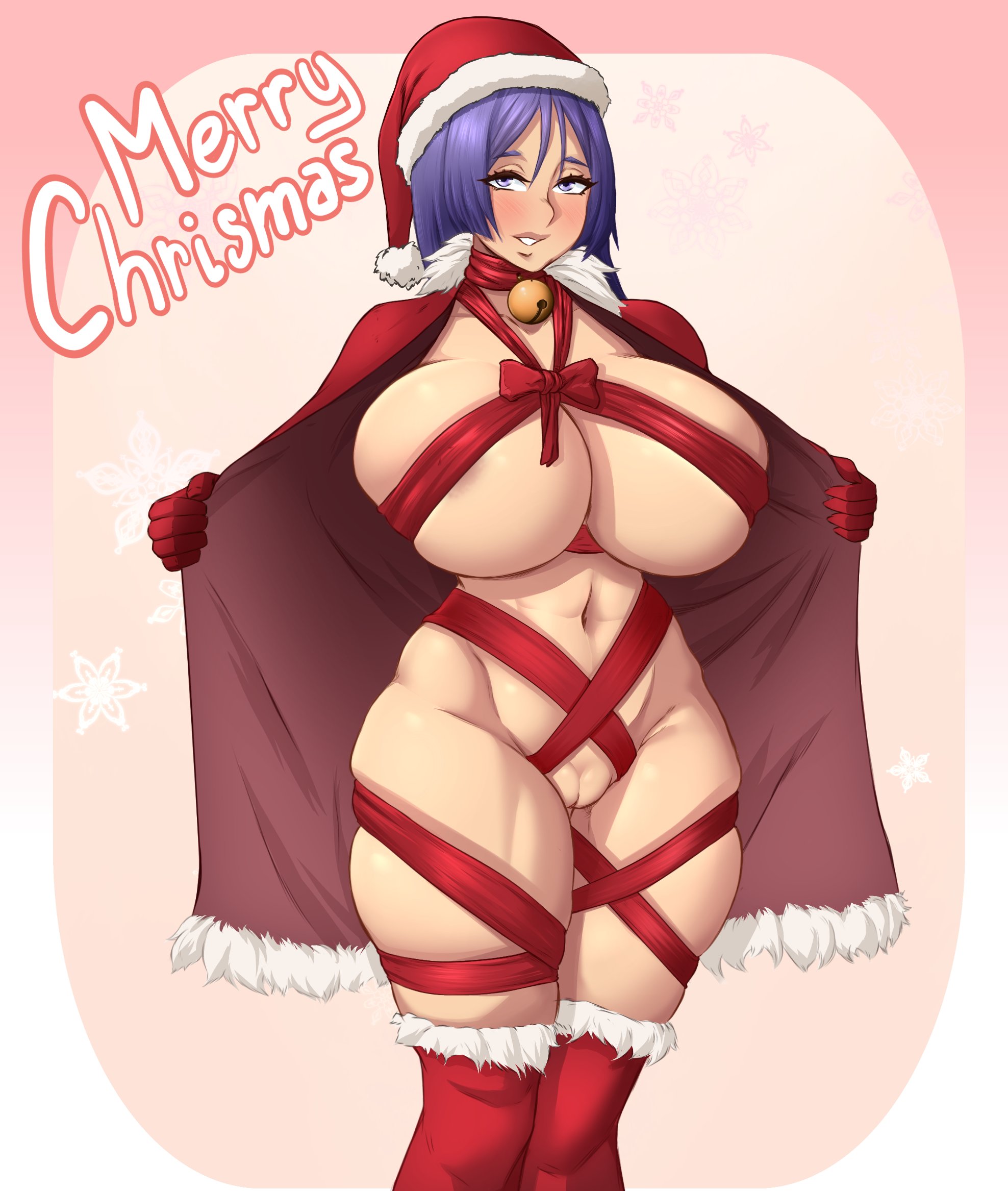 1girls, areolae, big breasts, breasts, christmas, fate (series), fate/grand order, female, female only, gift wrapped, hourglass figure, large breasts, looking at viewer, minamoto no raikou (fate/grand order), nipples, pussy, ribbon, smile, solo, standing, thick thighs, vicsenpai, wide hips