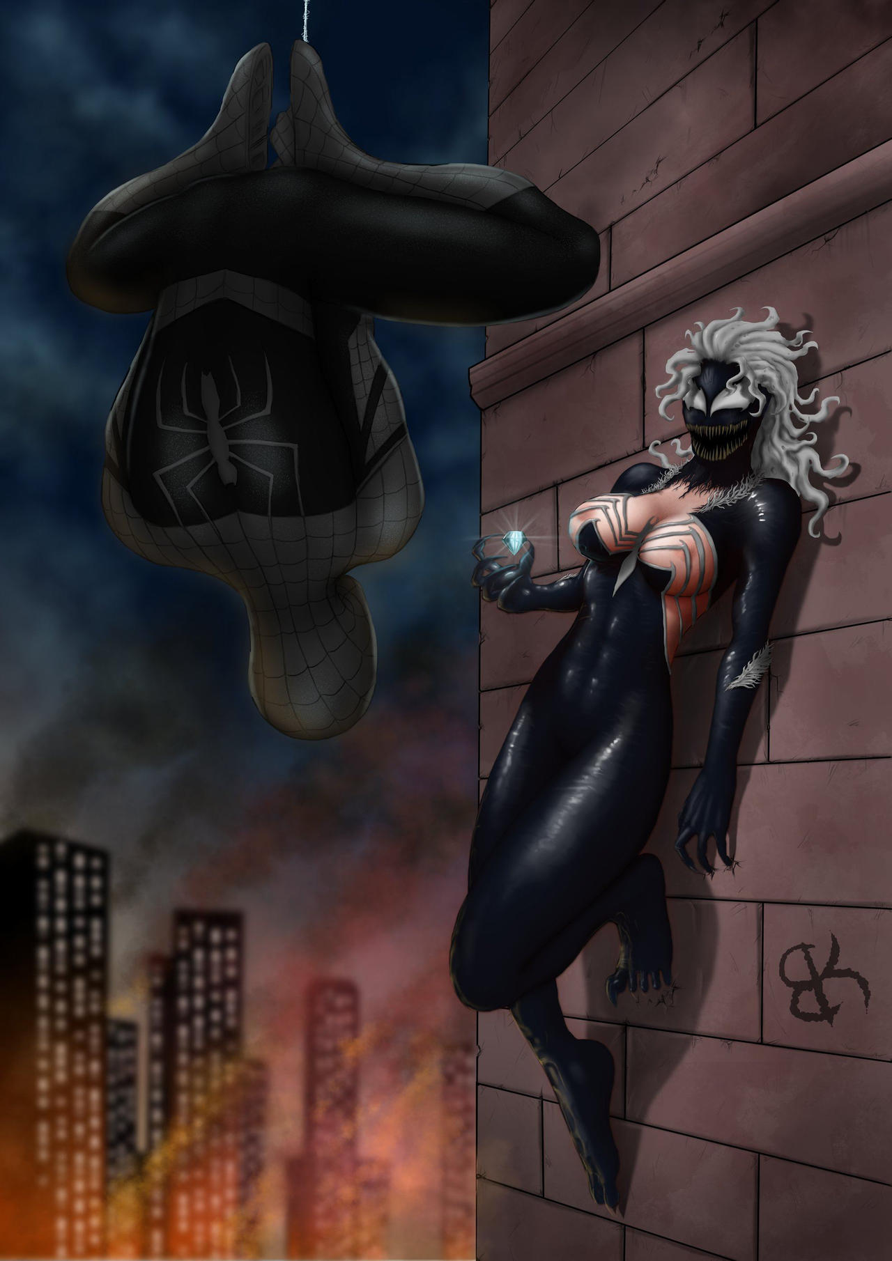 1boy 1boy1girl 1girls alternate_costume alternate_version_available areola areolae bat-kat0 black_cat_(marvel) black_suit breasts busty cleavage costume deviantart exposed_breasts felicia_hardy female hourglass_figure light-skinned_female light_skin male marvel marvel_comics open_mouth peter_parker sharp_teeth she-venom spider-man spider-man_(black_suit) spider-man_(series) straight straight_hair superheroine supervillain symbiote teeth venom_(marvel) voluptuous wall watermark white_hair