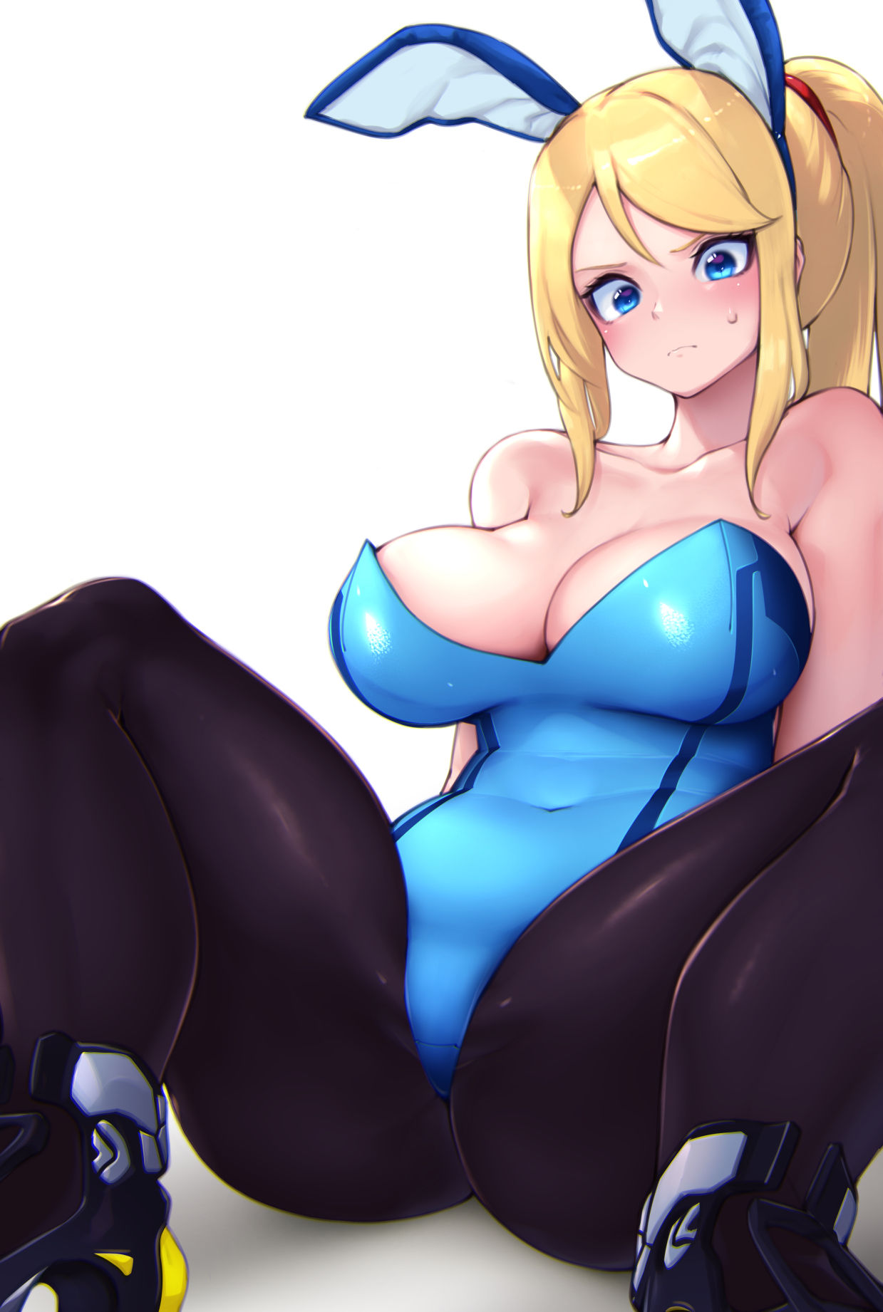 1girls, bangs, bare shoulders, black pantyhose, blonde hair, blue eyes, blue leotard, breasts, bunny ears, bunnysuit, cleavage, female, female only, fringe, hi res, high resolution, highres, hizake, huge breasts, kashu (hizake), leotard, metroid, navel, nervous, nintendo, pantyhose, samus aran, solo, solo female, spread legs, thick thighs