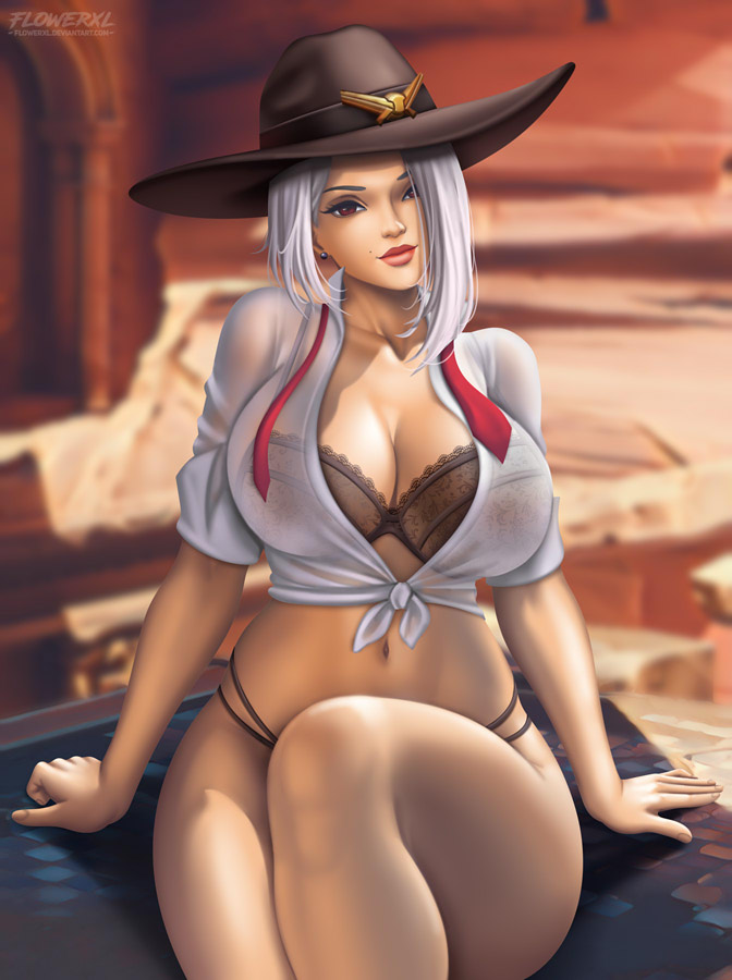 1girls, 2d, ashe (overwatch), bare legs, big breasts, blizzard entertainment, breasts, cleavage, female, female only, flowerxl, highleg panties, large breasts, no pants, overwatch, panties, pinup, solo, string panties, thick thighs, wide hips
