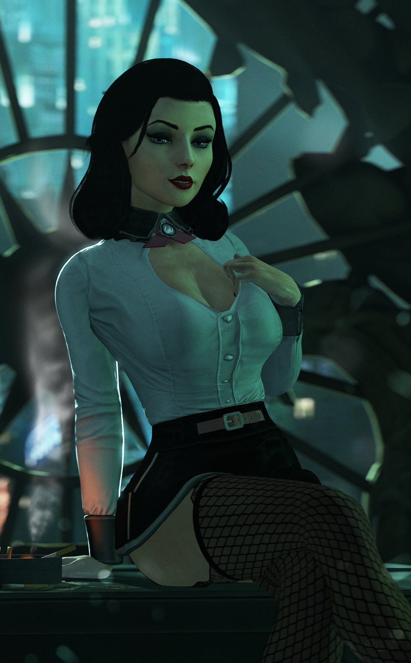 1girls, 3d, 3d (artwork), bioshock, bioshock infinite, black hair, blue eyes, breasts, burial at sea, busty, cleavage, elizabeth comstock, female, female focus, female only, fishnet, fishnet stockings, fishnets, hourglass figure, lipstick, long hair, makeup, microskirt, miniskirt, pinup, pinup pose, pose, posing, rapture (bioshock), shirt, sitting, skirt, solo, stockings, wide hips, wildynsfw