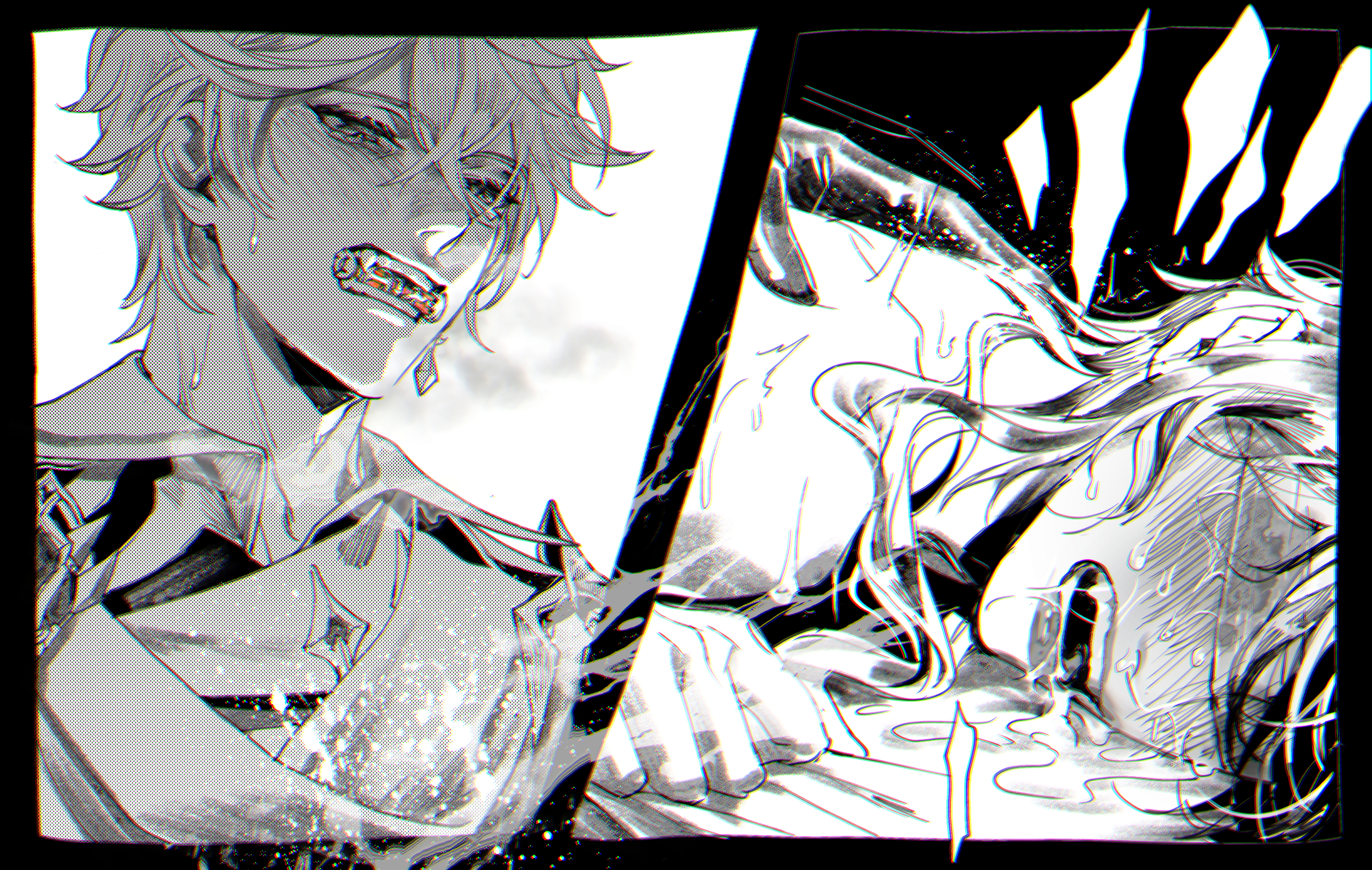 black gloves, childe (genshin impact), drooling, fangs, genshin impact, jullian sama, male, male only, monochrome, sweat, tartaglia (genshin impact), yaoi, zhongli (genshin impact)