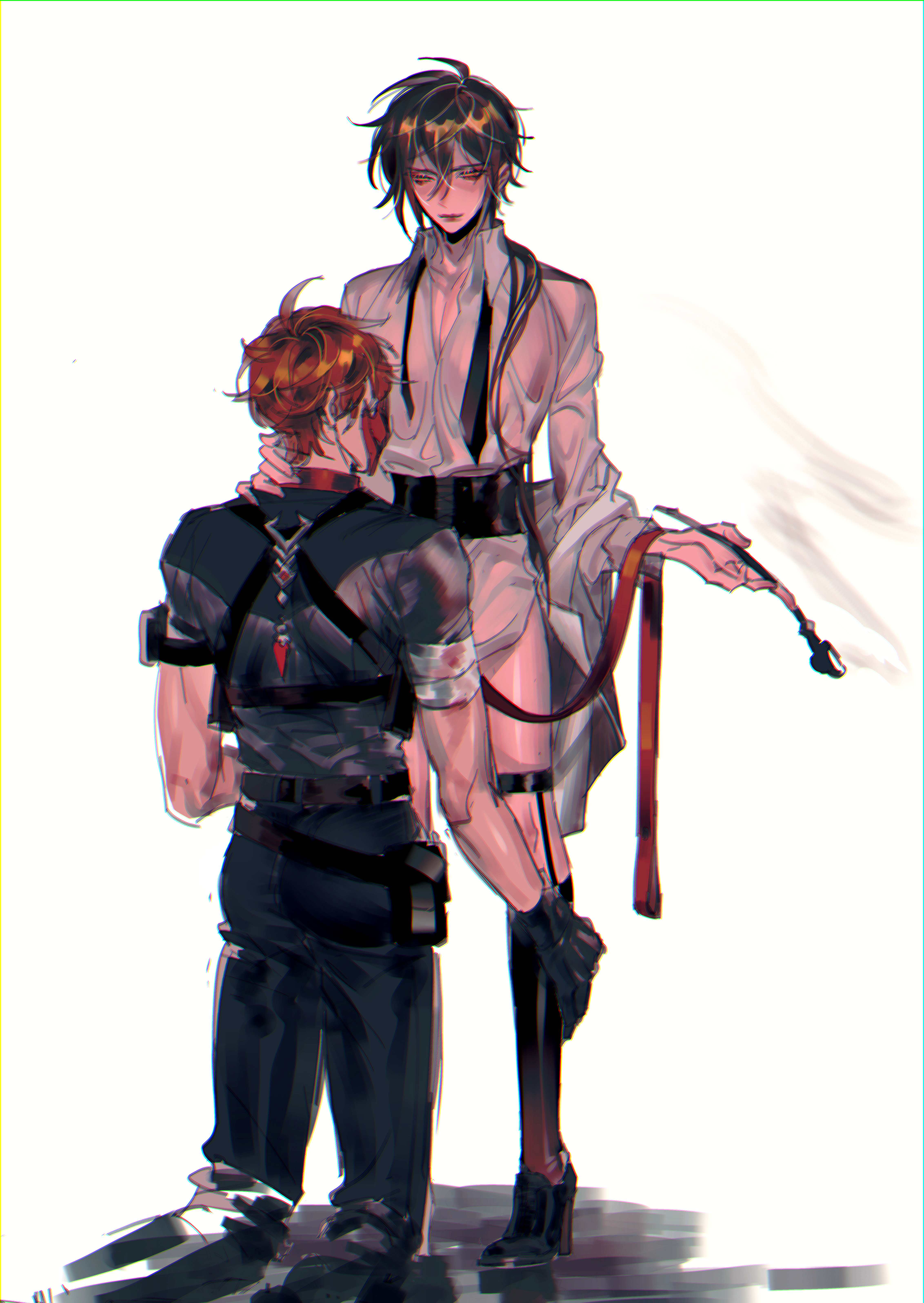 childe (genshin impact), femboy, genshin impact, jullian sama, kneeling, leash, male, male only, servant, smoking pipe, stockings, tartaglia (genshin impact), white background, yaoi, zhongli (genshin impact)