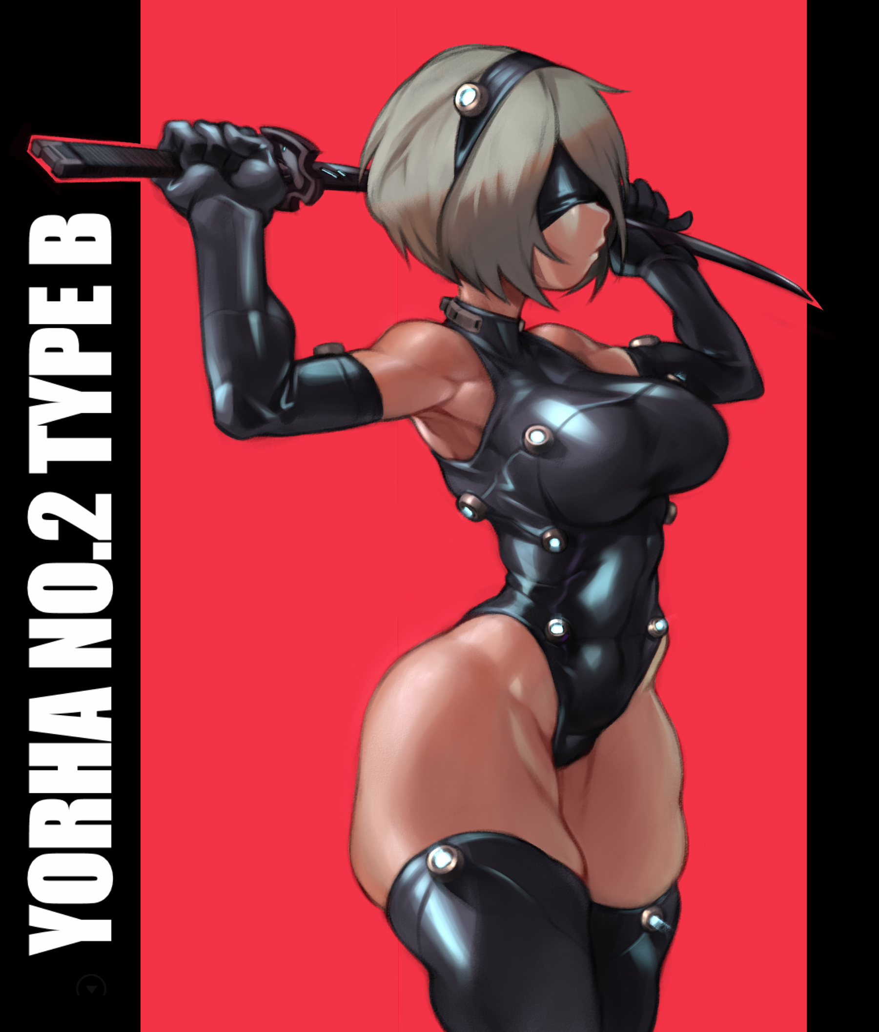 android, blindfold, breasts, female, gantz, gantz (cosplay), gantz suit, hairband, kelvin hiu, large breasts, leotard, lipstick, midriff, mole, mole under mouth, muscular, navel, nier (series), nier: automata, relaxing, short hair, sword, thick thighs, thighhighs, thighs, weapon, white hair, yorha 2b