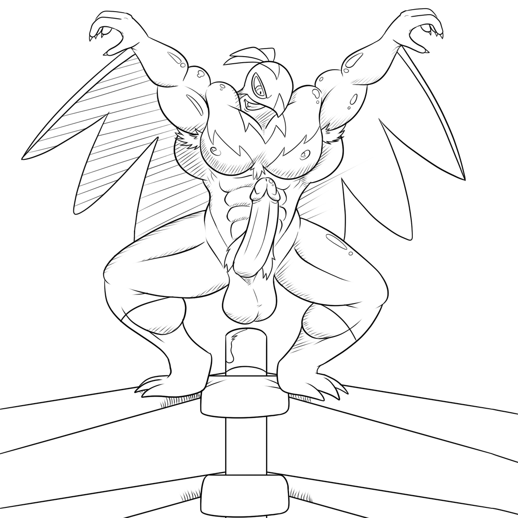 1:1 anthro balls biceps genitals hawlucha humanoid humanoid_genitalia humanoid_penis male monochrome muscular muscular_anthro muscular_male nintendo penis pokémon_(species) pokémorph pokemon smutty-smeargle solo video_games wings