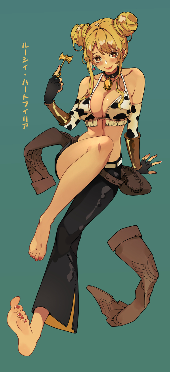 1girls, big breasts, bra, breasts, choker, cleavage, clothed, collar, cow print, cowbell, cowboy boots, cowgirl, fairy tail, feet, female, female only, looking at viewer, lucy heartfilia, midriff, red toenails, shoes removed, sitting, skimpy, solo female, toes