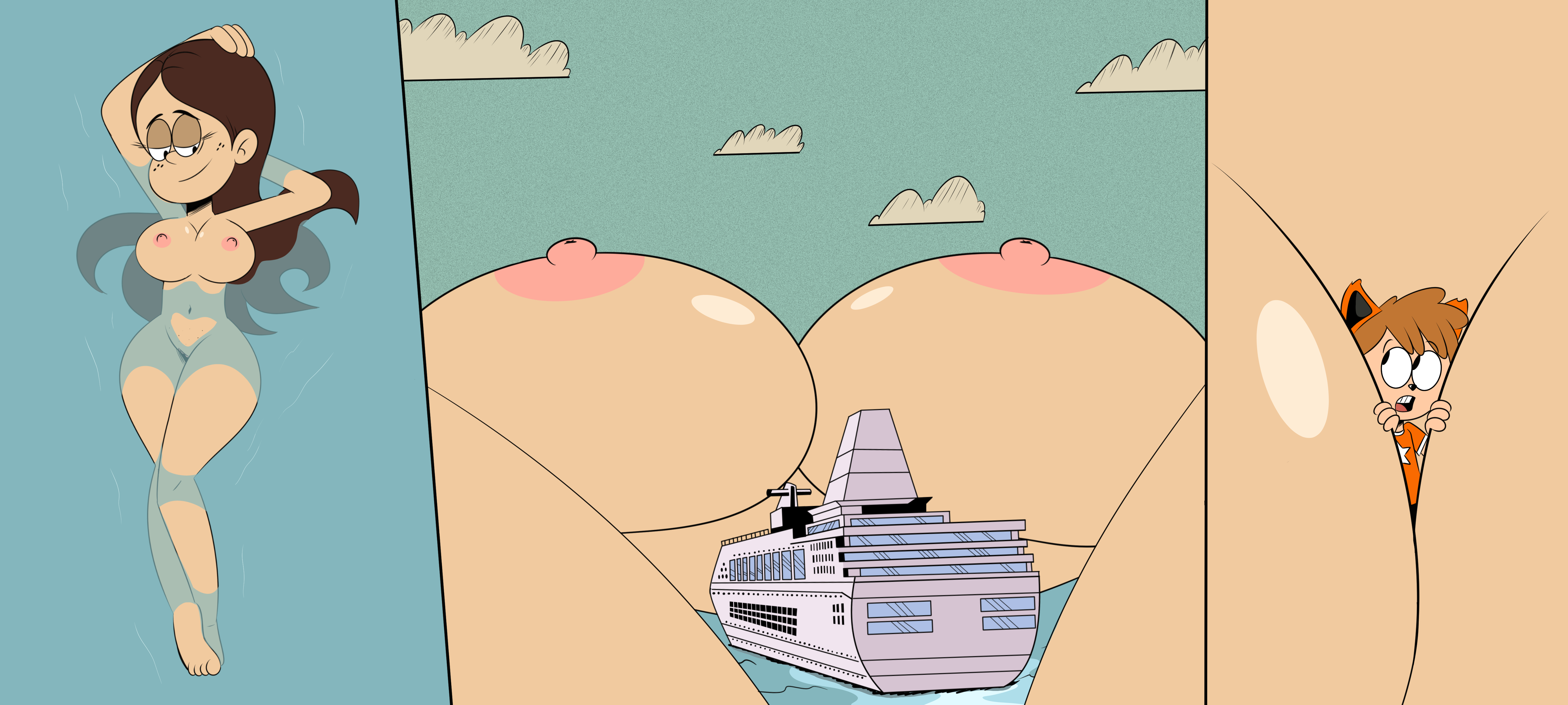 1boy, 1girls, big breasts, boat, bobbie fletcher, breasts, brown hair, cat boy, catboy, cloud, clouds, feet, female, female focus, freckles, giant, giantess, half-closed eyes, huge breasts, large breasts, male, naked, nipples, nude, outdoors, outside, pussy, sky, small waist, smile, sonson-sensei, straight hair, the loud house, thick thighs, thighs, thin waist, toes, water, wide hips