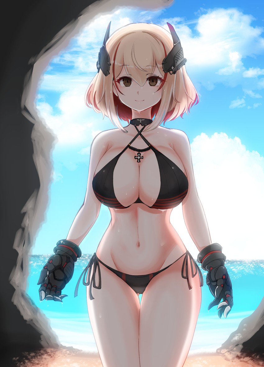 1girls, azur lane, bikini, blonde hair, female, female only, multicolored hair, roon (azur lane), solo