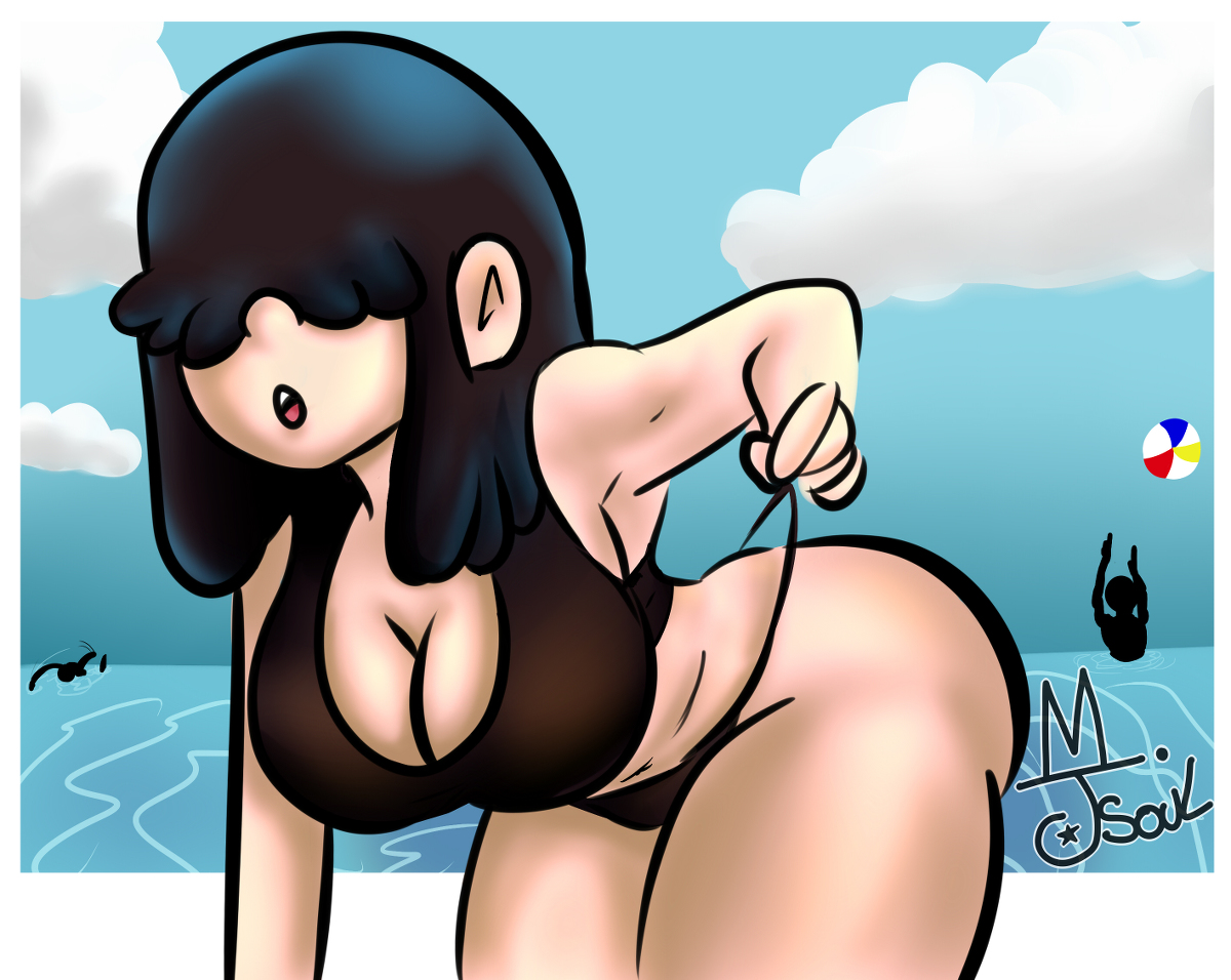 1girls, aged up, alternate breast size, ass, bangs, beach, beach ball, bent over, big ass, big breasts, big butt, bikini, black hair, breasts, busty, cleavage, female, female only, goth, goth girl, hair over eyes, huge ass, large breasts, lucy loud, mj soul, older, open mouth, swimsuit, swimwear, the loud house, thick, thick thighs, thighs, watermark