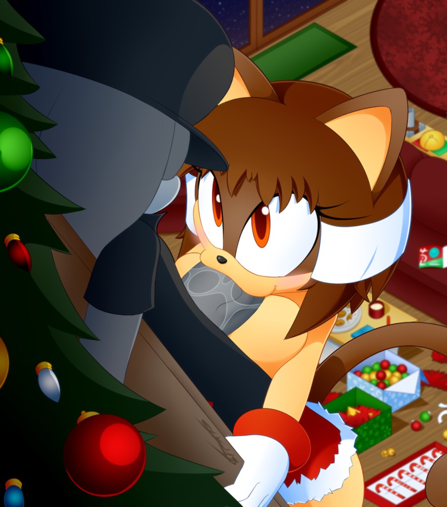 1boy 1girls anthro anthro_on_anthro breasts brown_hair christmas christmas_decorations christmas_lights christmas_ornaments christmas_tree furry indoors large_breasts large_penis looking_at_another original original_character penis red_eyes short_hair slickehedge sonic_(series) soyale_(slickehedge)