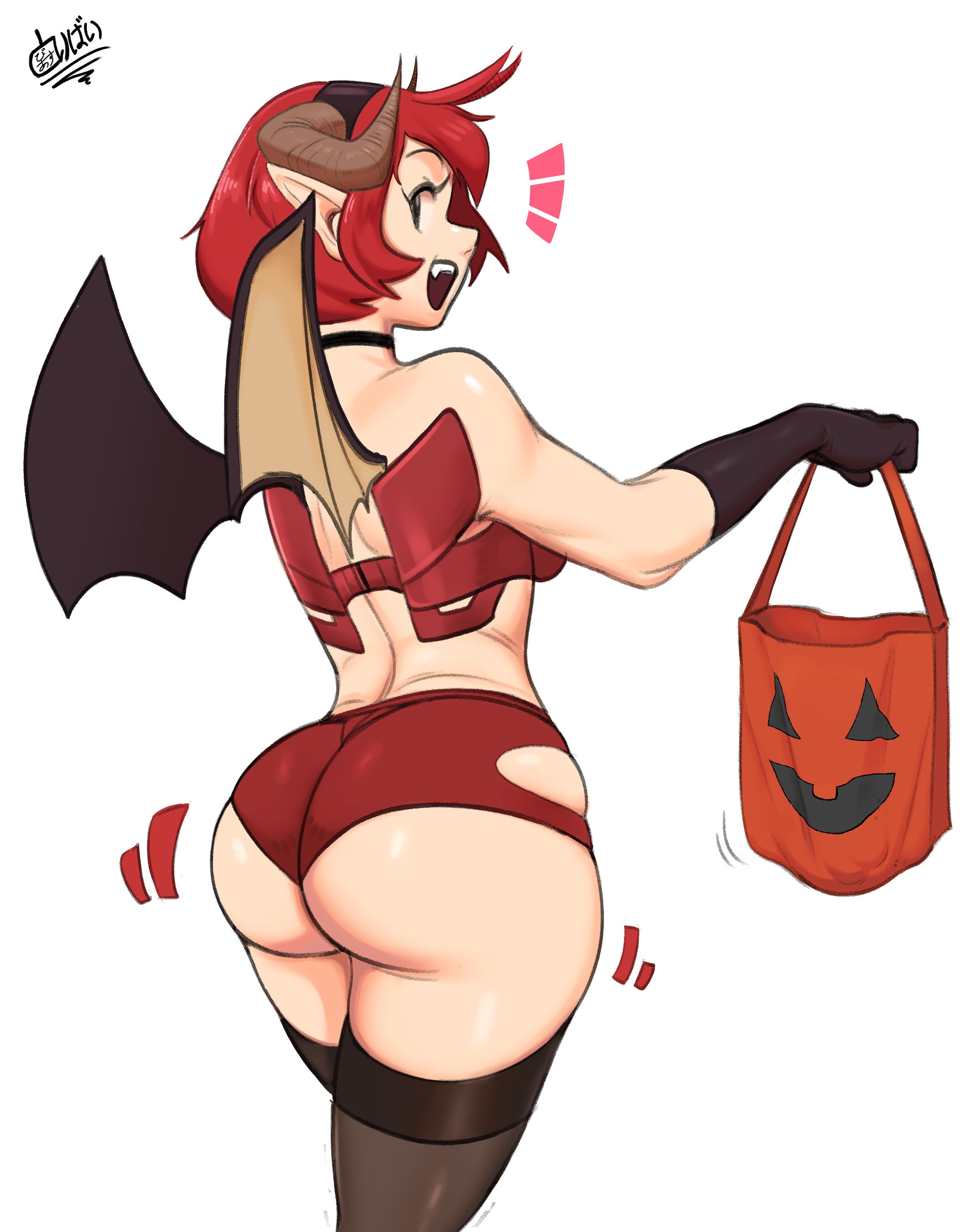 ass, buttholemagick, demon, halloween costume, original, red hair, romana (buttholemagick), succubus, succubus costume, thick ass, thick thighs, thighhighs