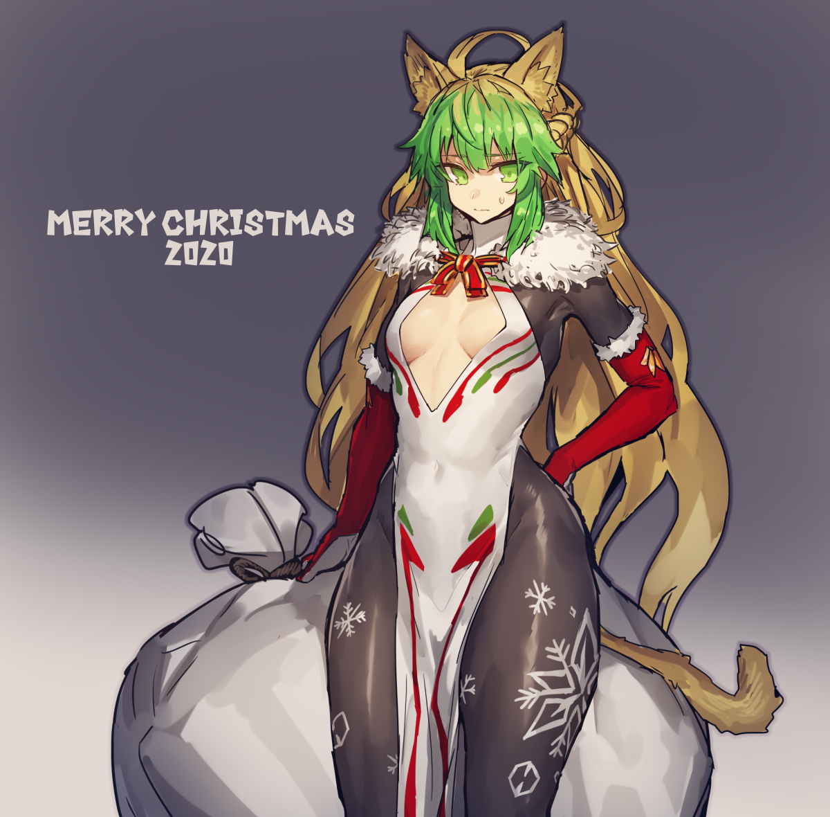 alternate costume, atalanta (fate), bodysuit, breasts, brown hair, cat ears, cat girl, cat tail, catgirl, christmas, cleavage, curvy, exposed breasts, fate (series), fate/apocrypha, fate/grand order, female, gradient hair, green eyes, green skin, just (eserin), long hair, looking at viewer, melon22, santa costume, small breasts, sweatdrop, wide hips