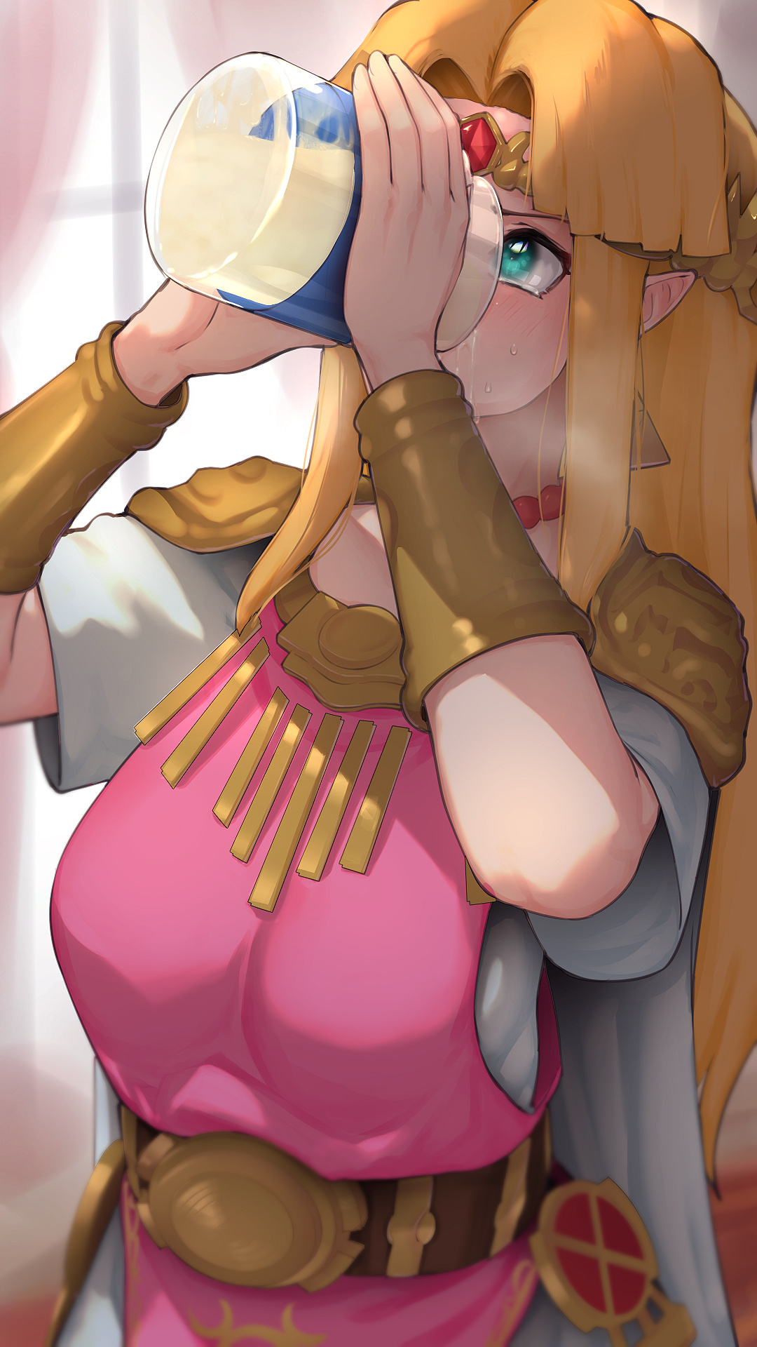 1girls, a link between worlds, blonde hair, blue eyes, bottle, cum, cum in container, drinking, drinking cum, female, gokkun, hizake, kashu (hizake), long hair, nintendo, pointy ears, princess zelda, smelly cum, solo, sweat, tagme, tears, the legend of zelda, zelda (a link between worlds)