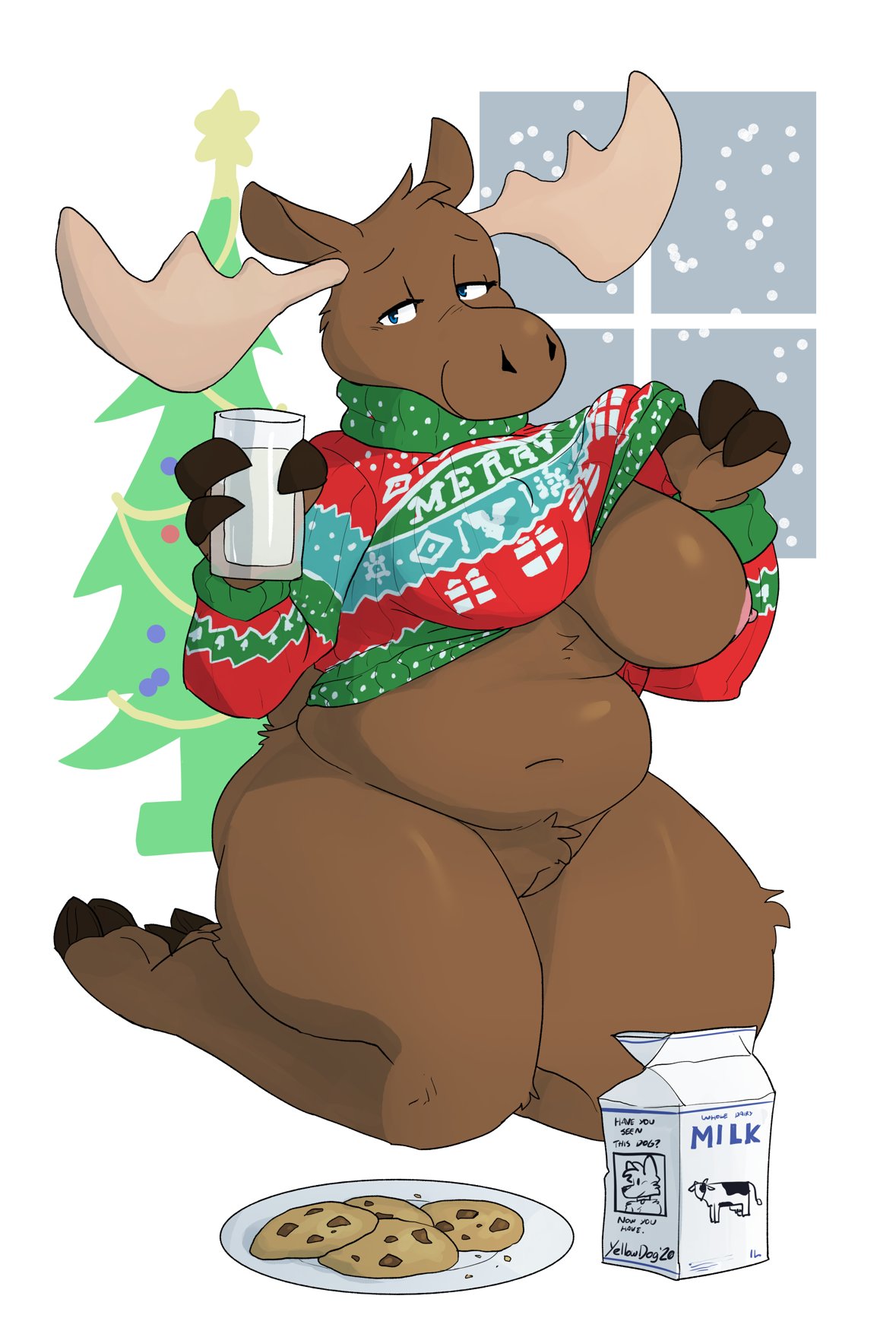 2020 anthro antlers areola artbyyellowdog blue_eyes bottomless breasts brown_body brown_fur capreoline cervid christmas christmas_clothing christmas_sweater christmas_topwear christmas_tree clothed clothing cookie dairy_products english_text exposed_breasts female fingers food fur furry furry_only genitals glass half-closed_eyes hi_res holding_object holidays hooved_fingers hooves horn kneeling looking_at_viewer mammal milk milk_carton moose nipple_outline nipples one_breast_out partially_clothed plant plate plump_labia pussy slightly_chubby smile snow snowing snowing_outside solo solo_female sweater text thick_thighs topwear tree undressing wide_hips window