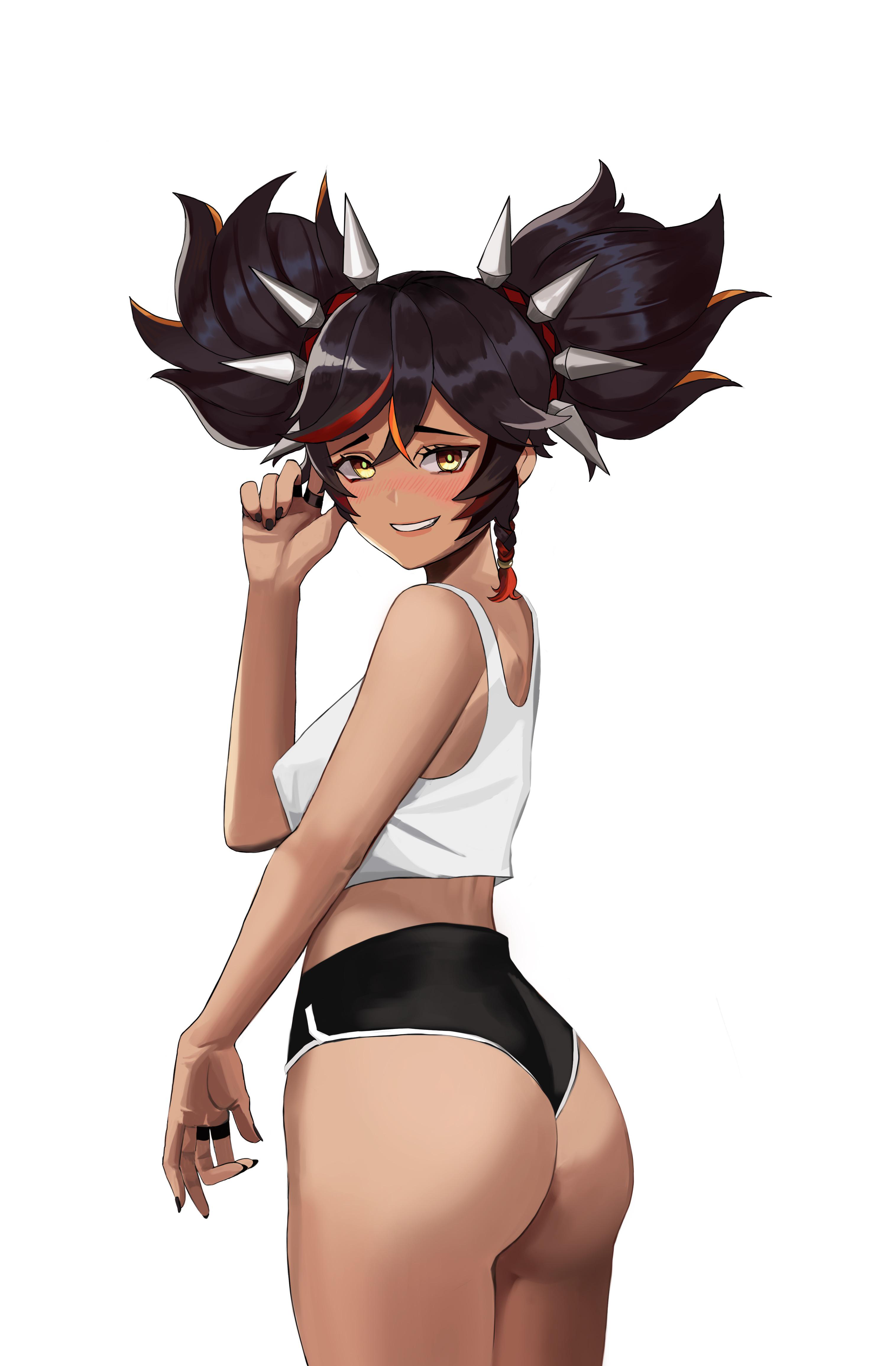 1girls, absurd res, ass, bellone, black fingernails, black hair, black nails, blush, booty shorts, braided hair, breasts, casual, cropped legs, dark skin, dark-skinned female, female, female only, genshin impact, highleg, highleg shorts, highres, looking at viewer, midriff, mihoyo, minishorts, nipple bulge, perky breasts, petite, pigtails, presenting ass, short shorts, shorts, shy, skinny, small breasts, smile, solo, spiked hairband, spikes, tank top, teenager, twintails, white background, xinyan (genshin impact), yellow eyes