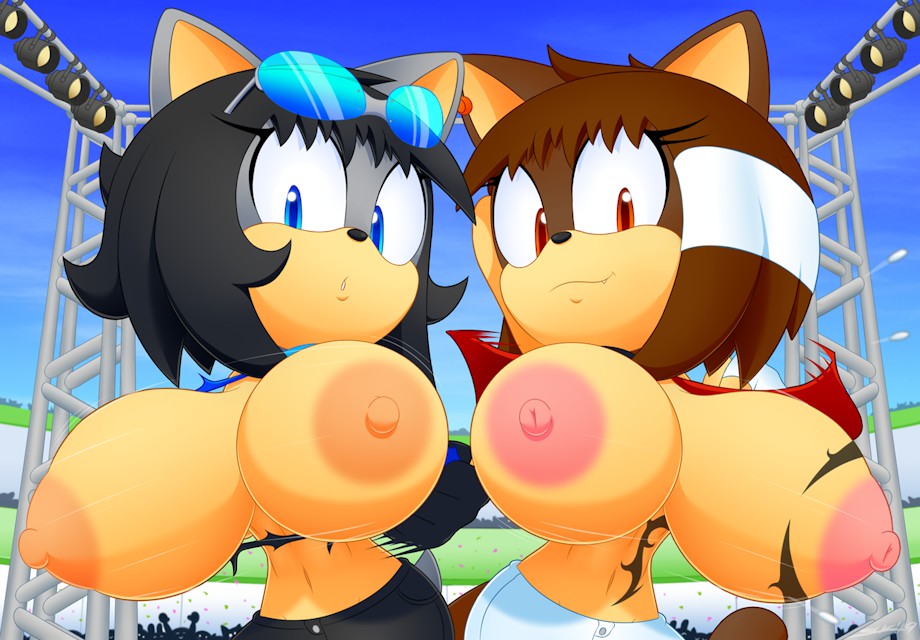 2girls anthro black_hair blue_eyes breasts brown_hair furry huge_breasts large_breasts makia_(slickehedge) original original_character red_eyes short_hair slickehedge sonic_(series) soyale_(slickehedge) torn_clothes