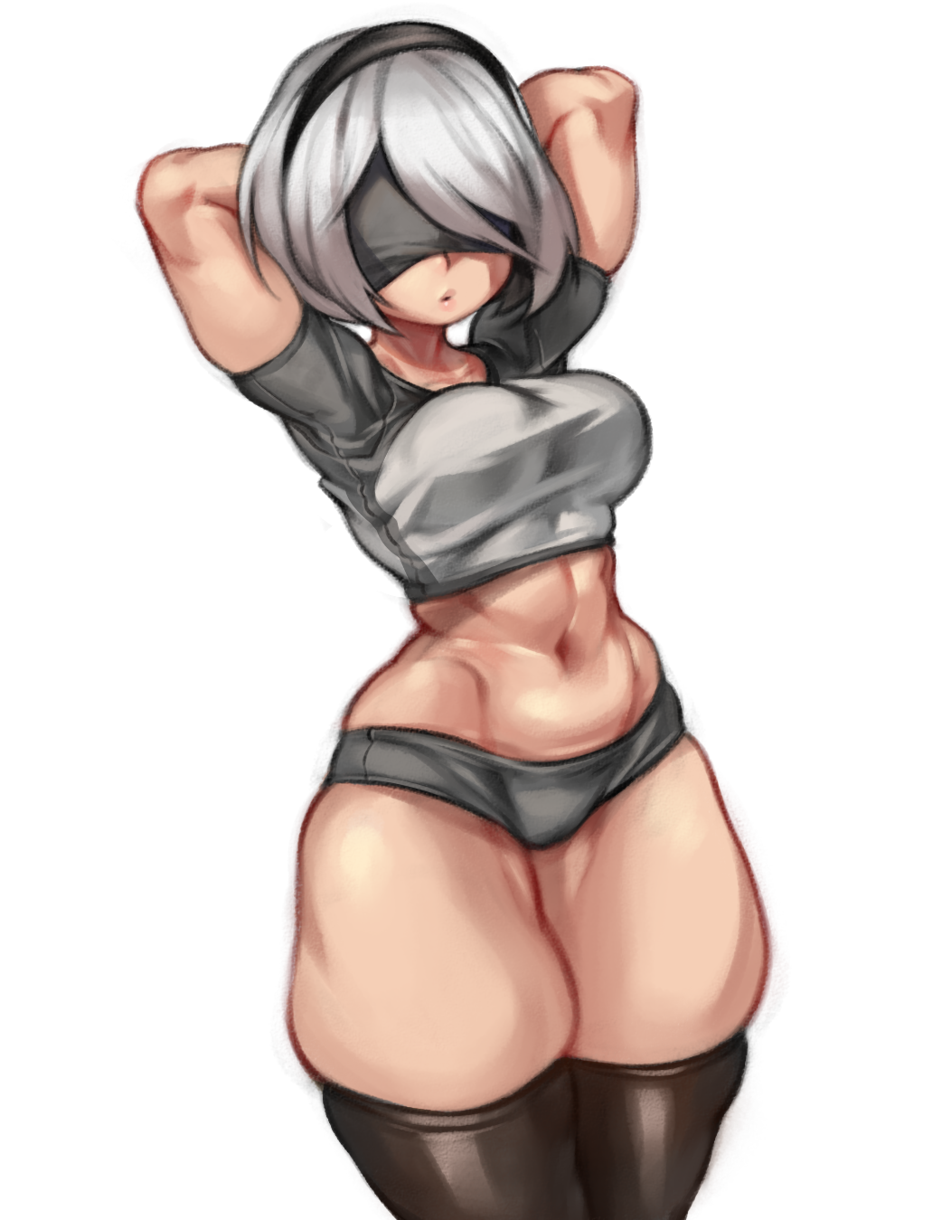 arms above head, blindfold, breasts, crop top, female, hairband, hands behind head, kelvin hiu, large breasts, lipstick, midriff, mole, mole under mouth, muscular, nier, nier: automata, open mouth, panties, short hair, thick thighs, thighhighs, thighs, white hair, yorha 2b