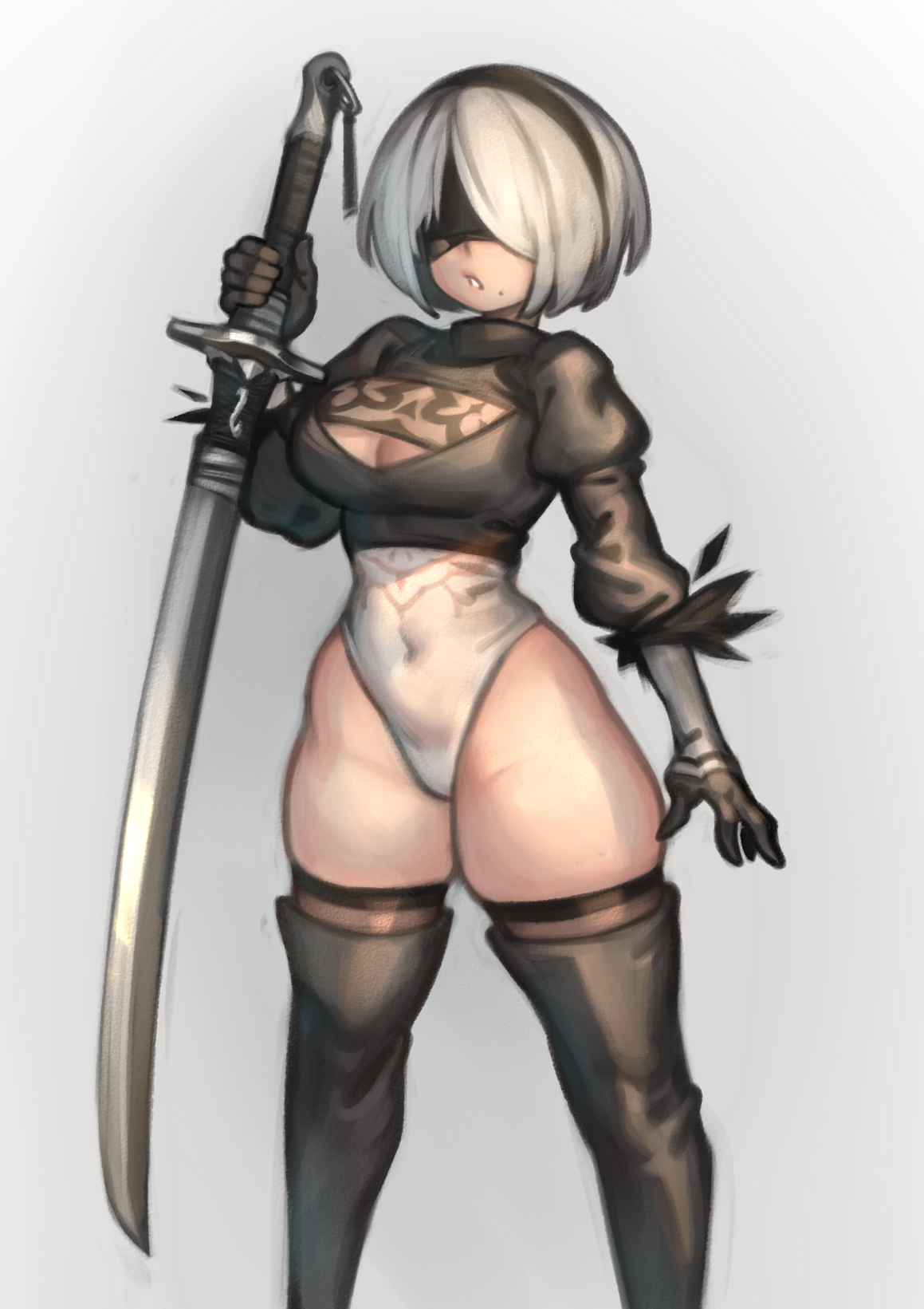android, blindfold, breasts, cleavage, cleavage cutout, female, gloves, hairband, kelvin hiu, large breasts, leotard, lipstick, mole, mole under mouth, navel, nier, nier: automata, open mouth, opera gloves, short hair, sword, thick thighs, thighhighs, thighs, weapon, white hair, yorha 2b