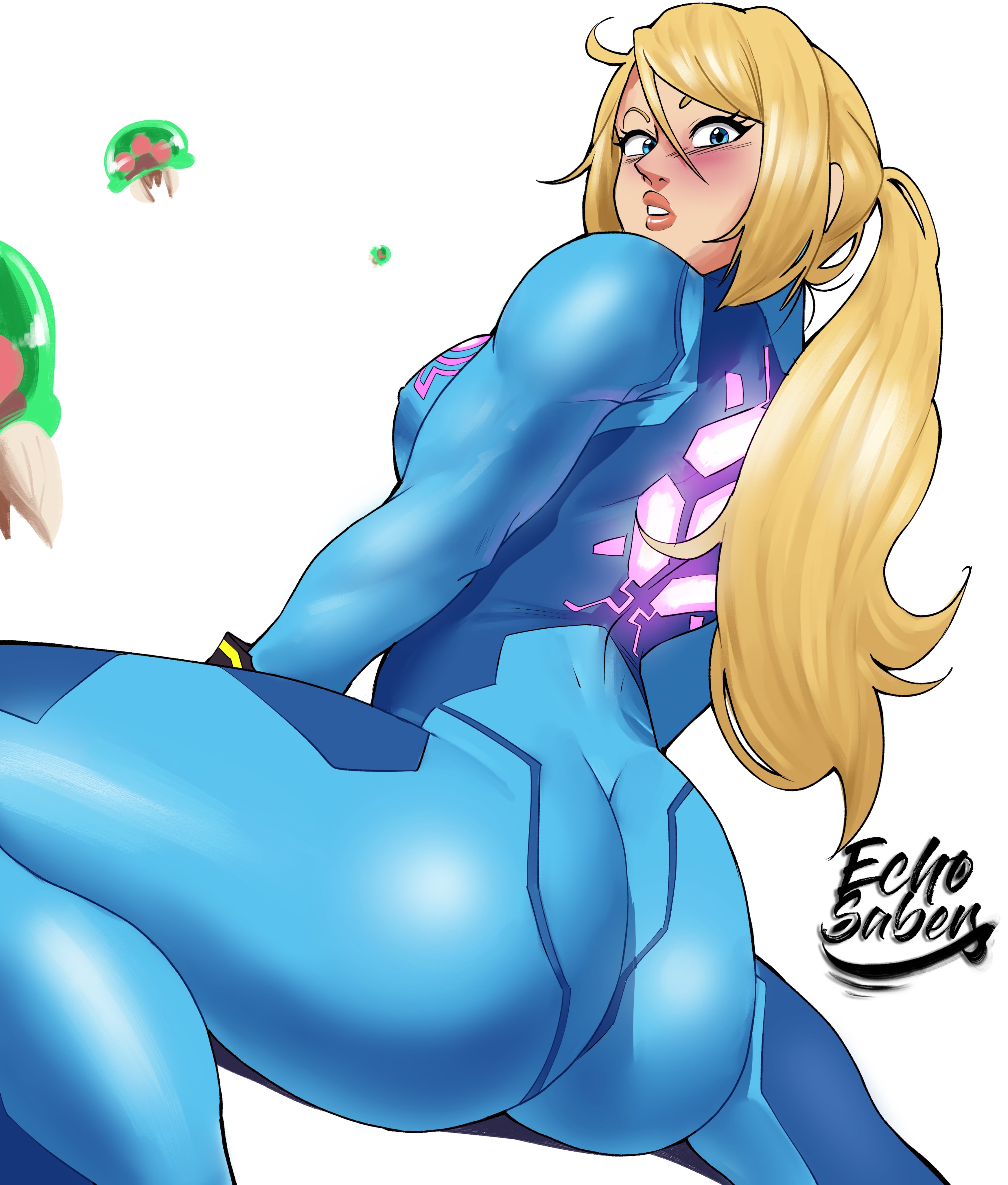1girls, ass, ass focus, blonde, blonde hair, blue eyes, bodysuit, echosaber, female, female only, hi res, long hair, looking at viewer, metroid, metroid (creature), muscles, nintendo, ponytail, samus aran, sci-fi, science fiction, scifi, solo, solo female, zero suit, zero suit samus