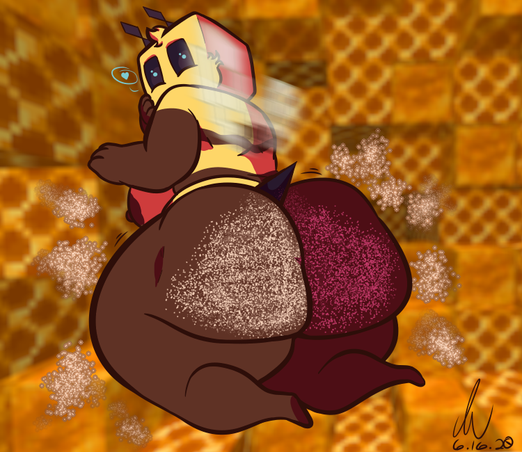 antennae, ass, bee, bee (minecraft), big ass, blue eyes, breasts, female, hair tuft, heart, honey, looking at viewer, looking back, minecraft, pierump, signature, stinger, thick thighs, wings