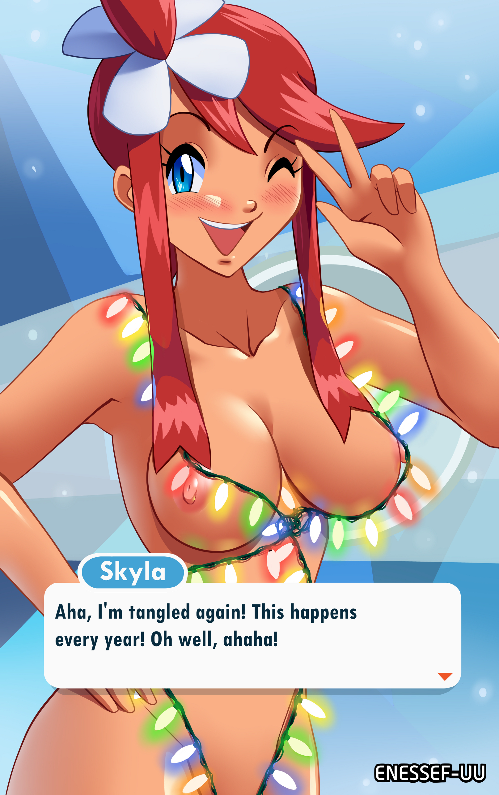 1girls, blue eyes, blush, breasts, christmas, christmas lights, enessef-uu, english text, exposed breasts, female, hair ornament, hand on hip, large breasts, midriff, navel, nude, open mouth, peace sign, pokemon, pokemon bw, pokemon masters, red hair, short shorts, skyla (pokemon), tan skin, text, text box, watermark, wink, winking at viewer