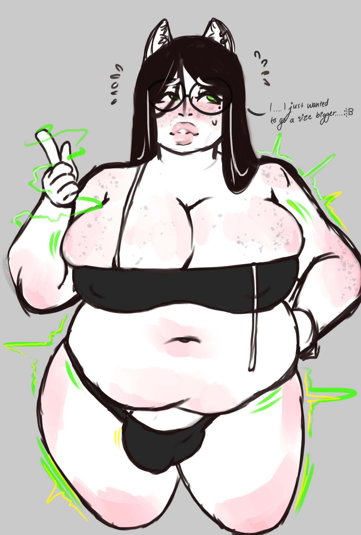 1futa, big breasts, black hair, breast expansion, breast growth, breast growth (enlargement), breasts, chubby, dialogue, dickgirl, dog ears, expansion, futanari, glasses, green eyes, grey background, hella sweetlamb, homestuck, intersex, jade harley, long hair, ms paint adventures, solo, text, weight gain, white skin
