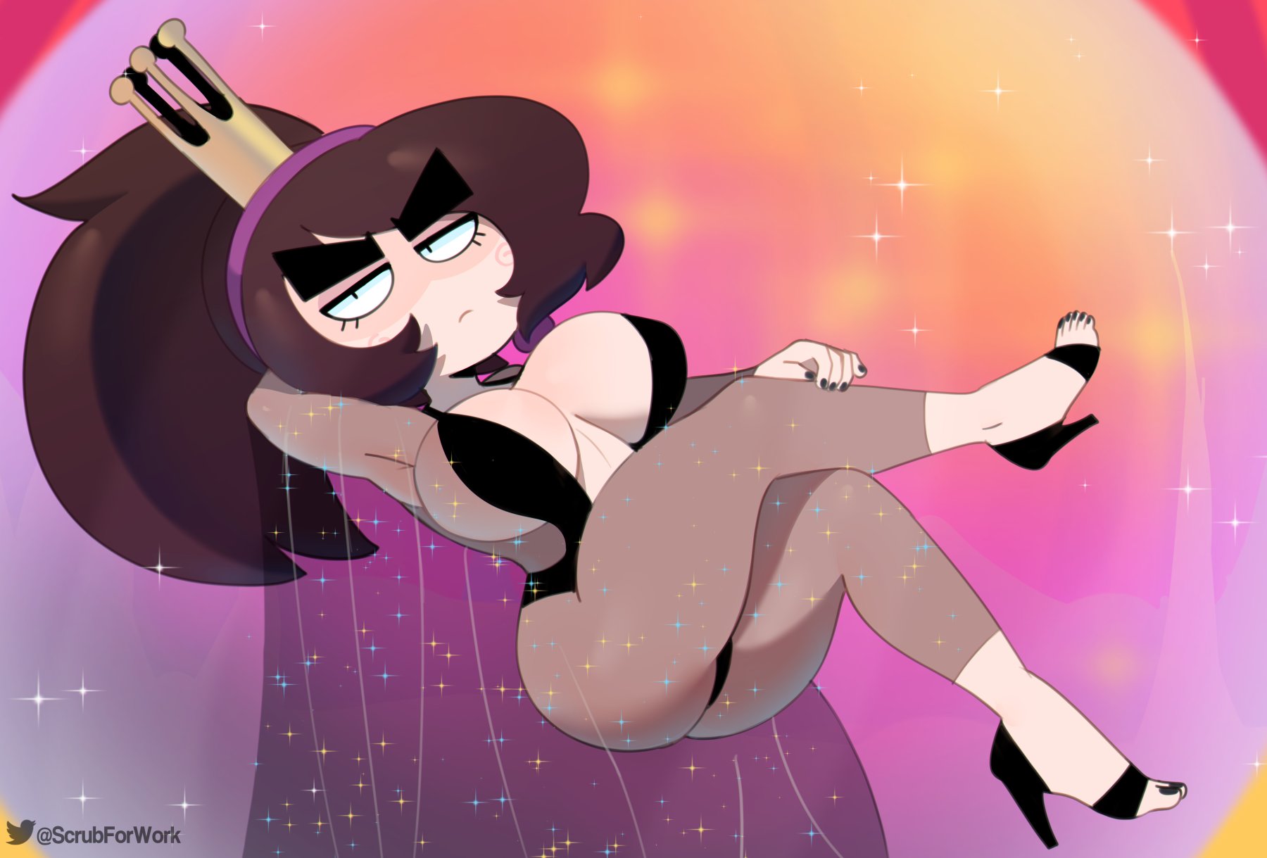 1girls, 5 fingers, arm behind head, armpits, ass, big ass, black nails, black toenails, breasts, brown hair, cleavage, cloak, cosplay, crown, dragon's lair, eyebrows, eyelashes, female, femscrub (somescrub), floating, frown, hair, hairband, high heels, hourglass figure, large breasts, legs, legs together, lingerie, looking at viewer, original, original character, ponytail, pose, princess, princess daphne, relaxing, rosy cheeks, see-through clothing, sideboob, somescrub, sparkles, thick thighs, twitter, twitter username, watermark