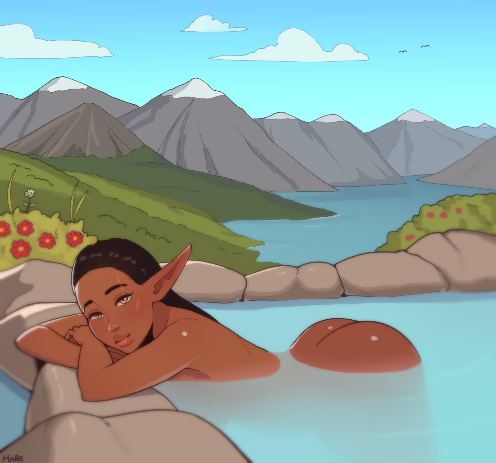 1girls, ass, bathing, cloud, dark elf, dark skin, dark-skinned female, elf, elf ears, fantasy, female, female only, long ears, looking at viewer, mare ten, mountain, mountains, nature, nude, outdoors, outside, pointy ears, pool, sky, solo, solo female, water