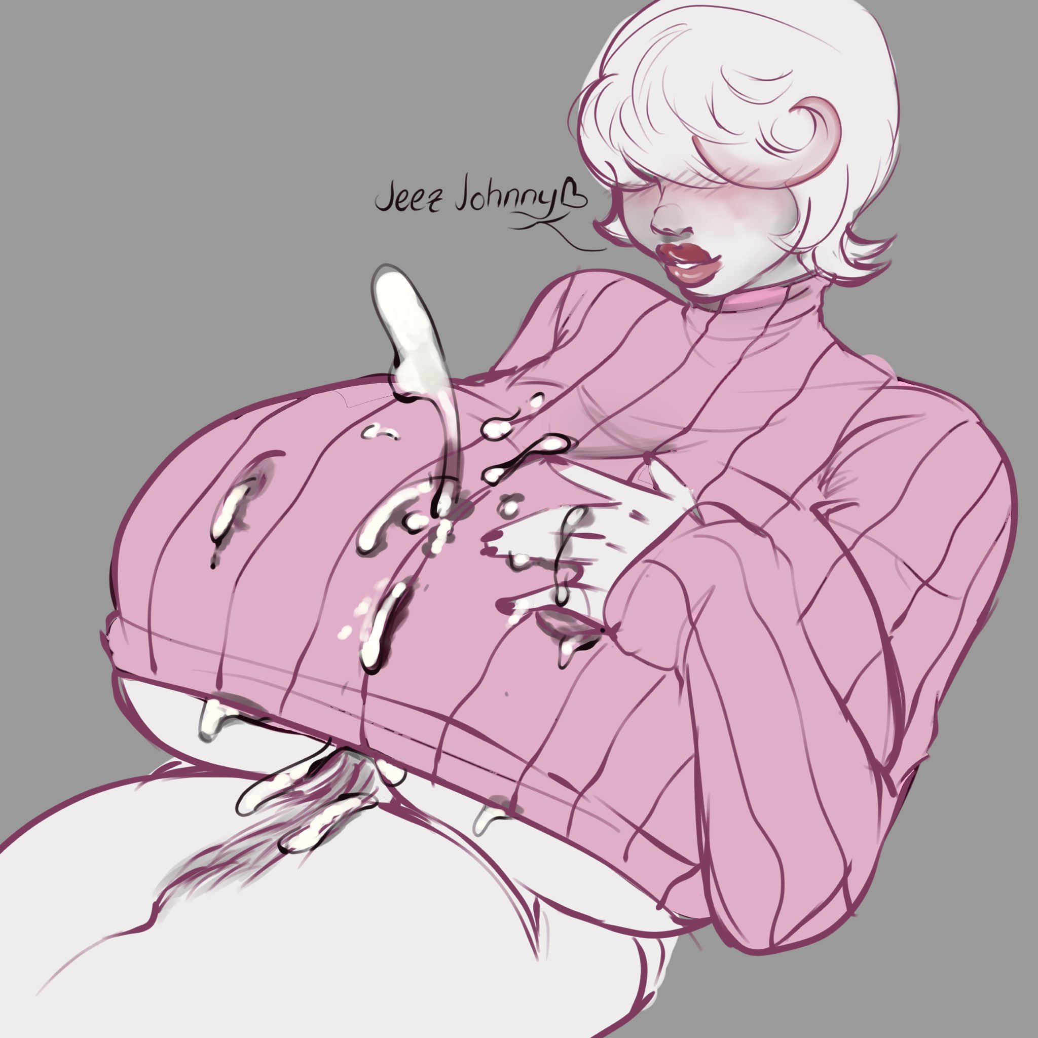 1boy, 1girls, 2020, breasts, cum, cum between breasts, dialogue, female, grey background, hair over eyes, heart, hella sweetlamb, homestuck, huge breasts, hyper, hyper breasts, john egbert, male, mom lalonde, ms paint adventures, paizuri, penis, pink lipstick, pink nails, pubic hair, roxy lalonde, short hair, speech bubble, spoken heart, straight, sweater, text, white hair, white skin