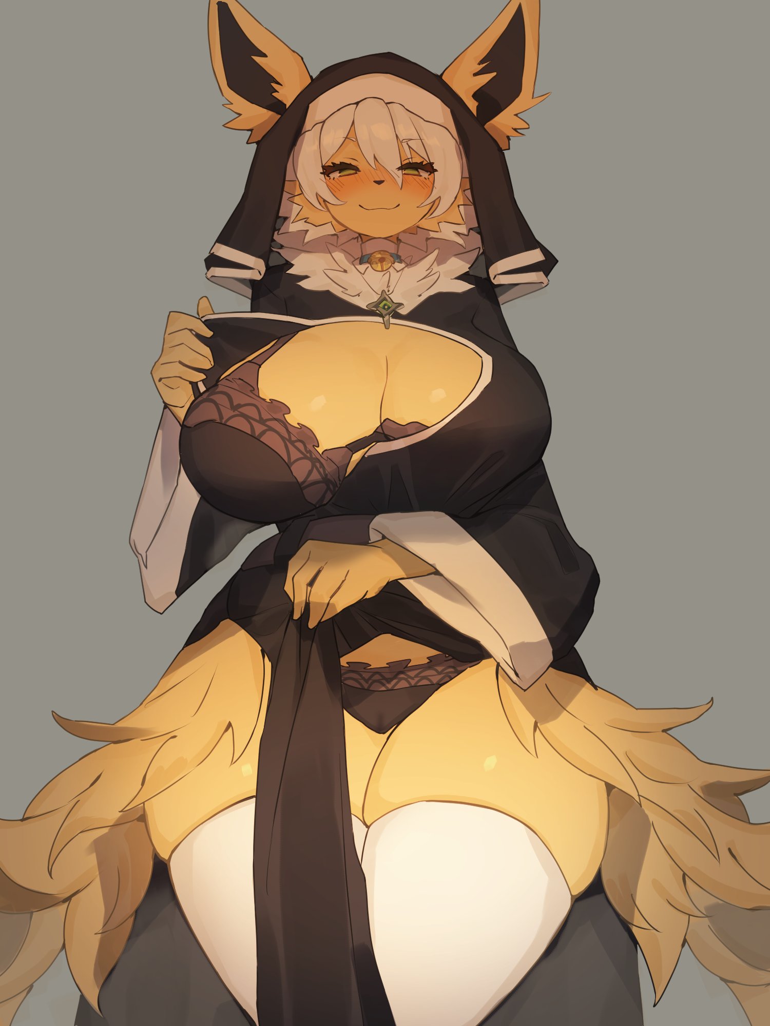 1girls, 2020, absurd res, anthro, anus, ass, baburusushi, big ass, big breasts, blush, bra, breasts, canine, claws, clothing, collar, cute, cute fang, eeveelution, female, fluffy, fluffy tail, fur, furry, hair, happy, heart, hi res, jolteon, looking at viewer, looking down, mammal, nipples, nun, nun outfit, open mouth, panties, pawpads, paws, pokémon (species), pokemon, pokemon (species), pussy, sharp teeth, solo, solo focus, sweat, tail, teeth, tongue, tongue out, wet, yellow body, yellow fur