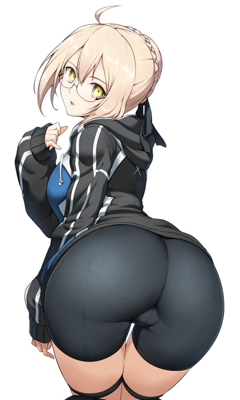 artist request, ass, ass focus, blonde hair, character request, female, female only, glasses, hair bun, looking back, shorts, sportswear, sweater, yellow eyes