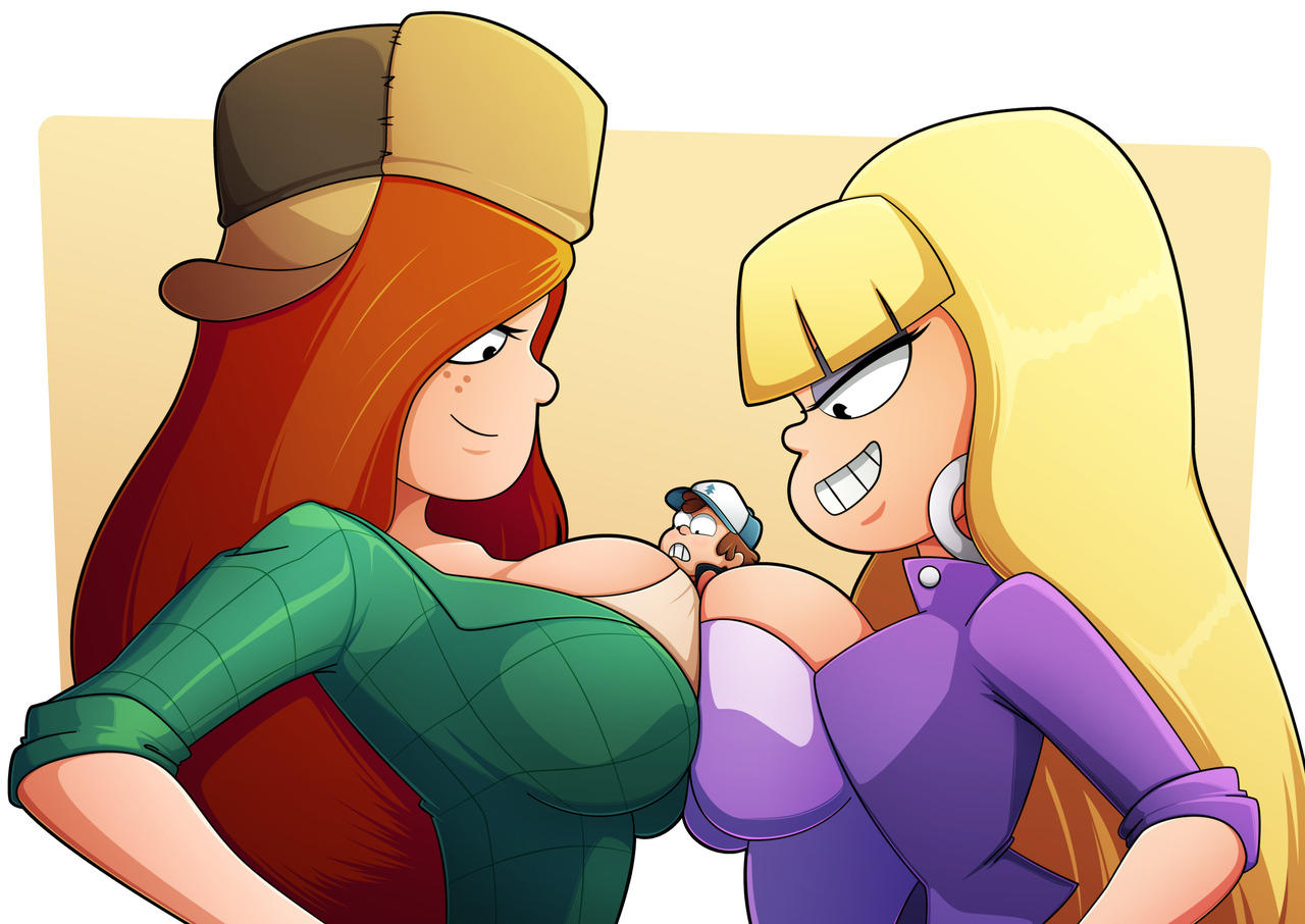 1boy 2girls between_breasts big_breasts blonde_hair breast_press breasts dipper_pines disney disney_channel earrings giantess gravity_falls hat huge_breasts long_hair miniboy pacifica_northwest ravenravenraven red_hair shrunken_male side_view sideboob smile smiling smooth_skin wendy_corduroy