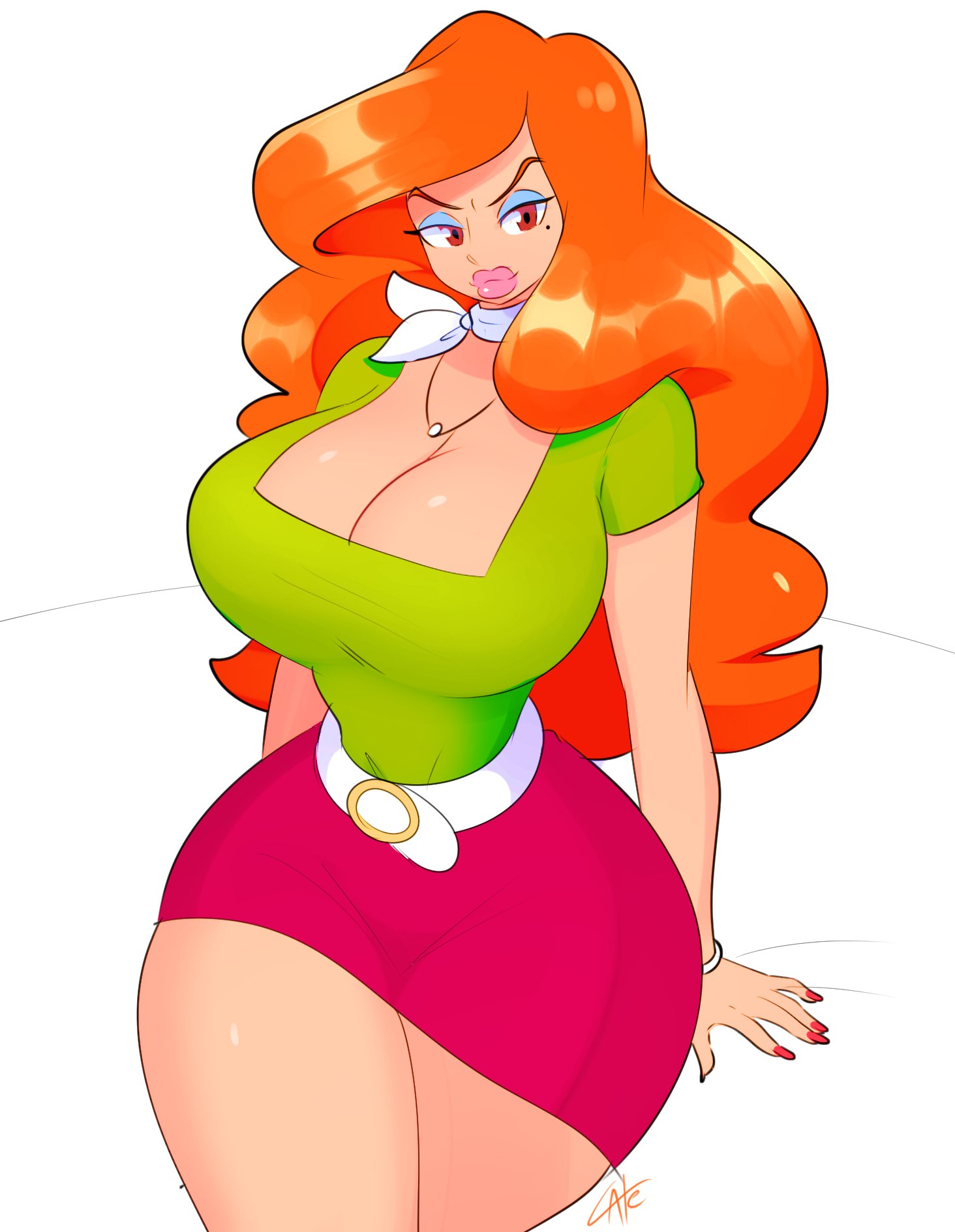 1girls :3 alternate_ass_size alternate_breast_size beauty_mark big_breasts big_lips bracelet breasts cleavage cousin_mel female female_only full_lips grandma_got_run_over_by_a_reindeer huge_breasts large_breasts looking_at_viewer mole_under_eye nail_polish orange_hair red_eyes solo solo_female theycallhimcake thick_lips thick_thighs tight_clothes wide_hips