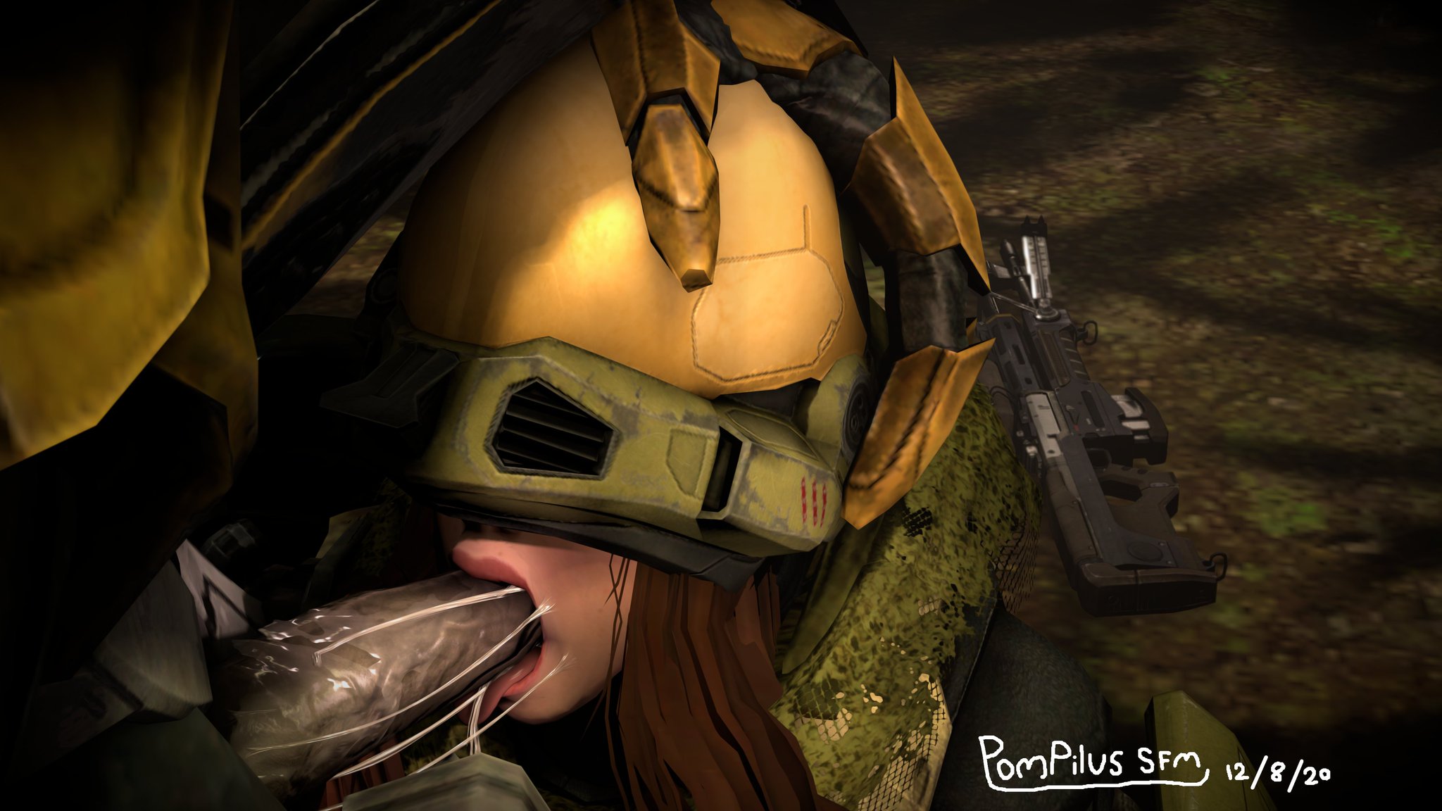 1boy, 1girls, 2020, 3d, armor, blowjob, cum, cum in mouth, cum string, dripping cum, female, female human, female spartan (halo), halo (series), hand on head, helmet, human, interspecies, male, male sangheili (halo), oral sex, pompilus sfm twitter (artist), possible rape, questionable consent, sangheili, spartan (halo), straight