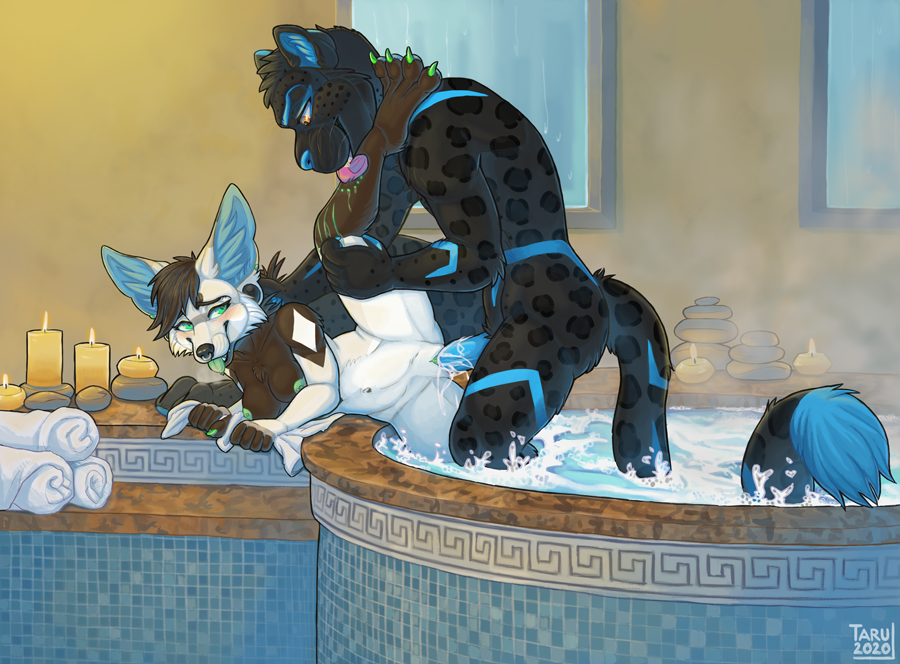 anthro athletic athletic_female bath bathtub bite black_body black_fur blue_body blue_fur blue_markings blue_penis blush bodily_fluids breasts brown_body brown_hair candle canid canine claws cum cum_inside duo earhole ejaculation facial_piercing felid feline female female_penetrated fennec fox fur genital_fluids genitals green_blood green_eyes green_tongue hair hot_tub inner_ear_fluff leg_lick licking male male_penetrating male_penetrating_female mammal markings nipples nose_piercing nose_ring pantherine paws penetration penis piercing pussy raised_leg scar sex size_difference spa steam straight taru tongue tongue_out tuft vaginal_penetration wet wet_body wet_fur white_body